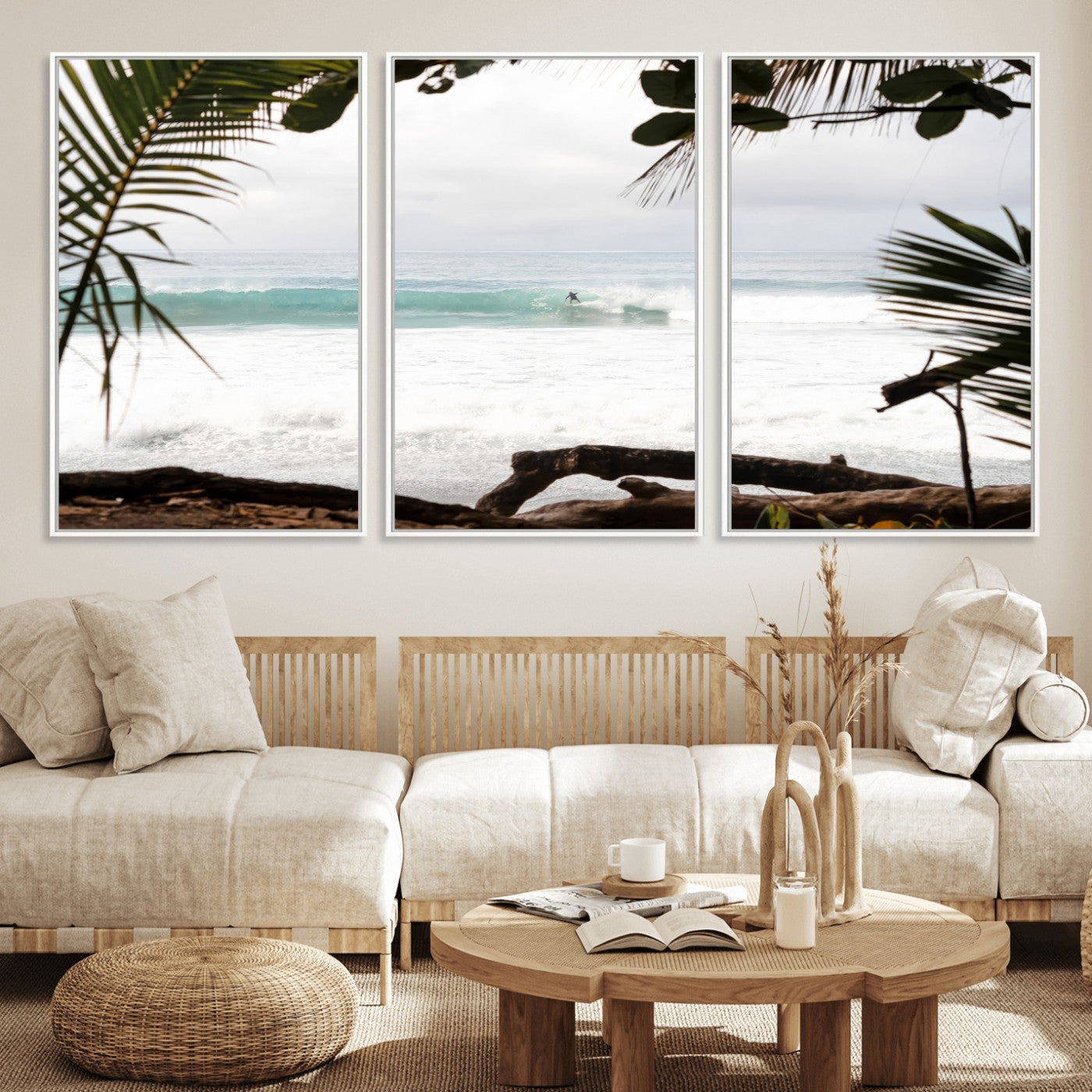 Tropical beach view with palm trees and surfer riding a wave, perfect for boho or coastal-inspired interior wall decor.