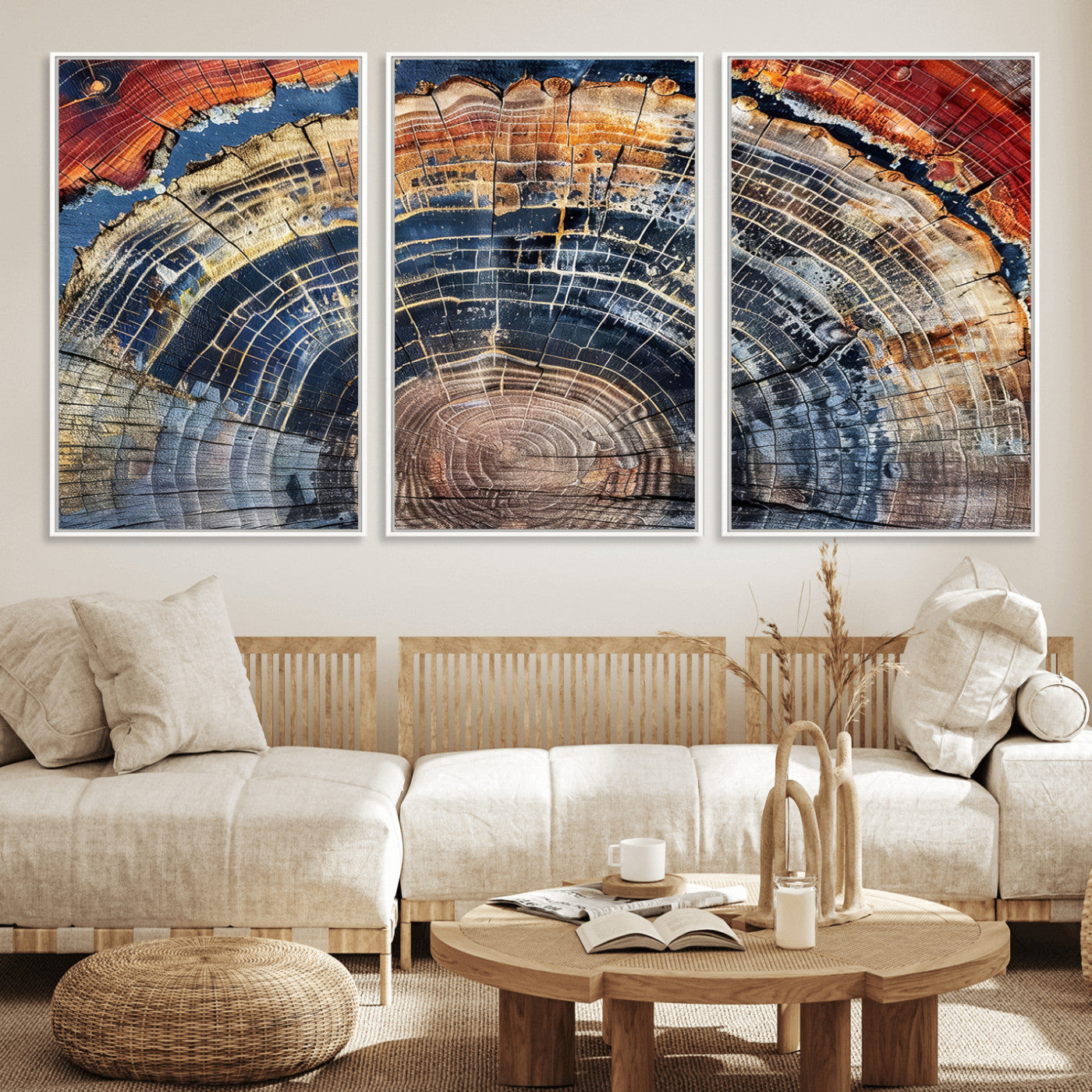 Vibrant tree ring with orange, brown, and blue tones in abstract detail, perfect for rustic or boho-inspired wall decor.