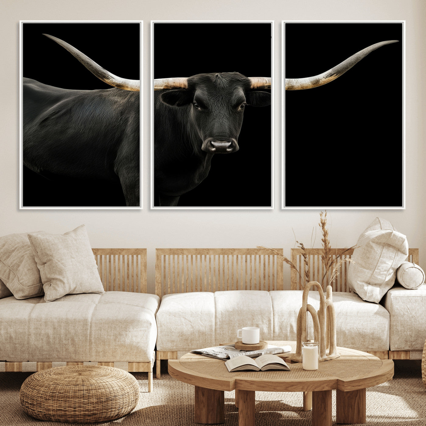 Close-up of a black Texas longhorn with large curved horns on black background, ideal for rustic farmhouse or modern western interiors.