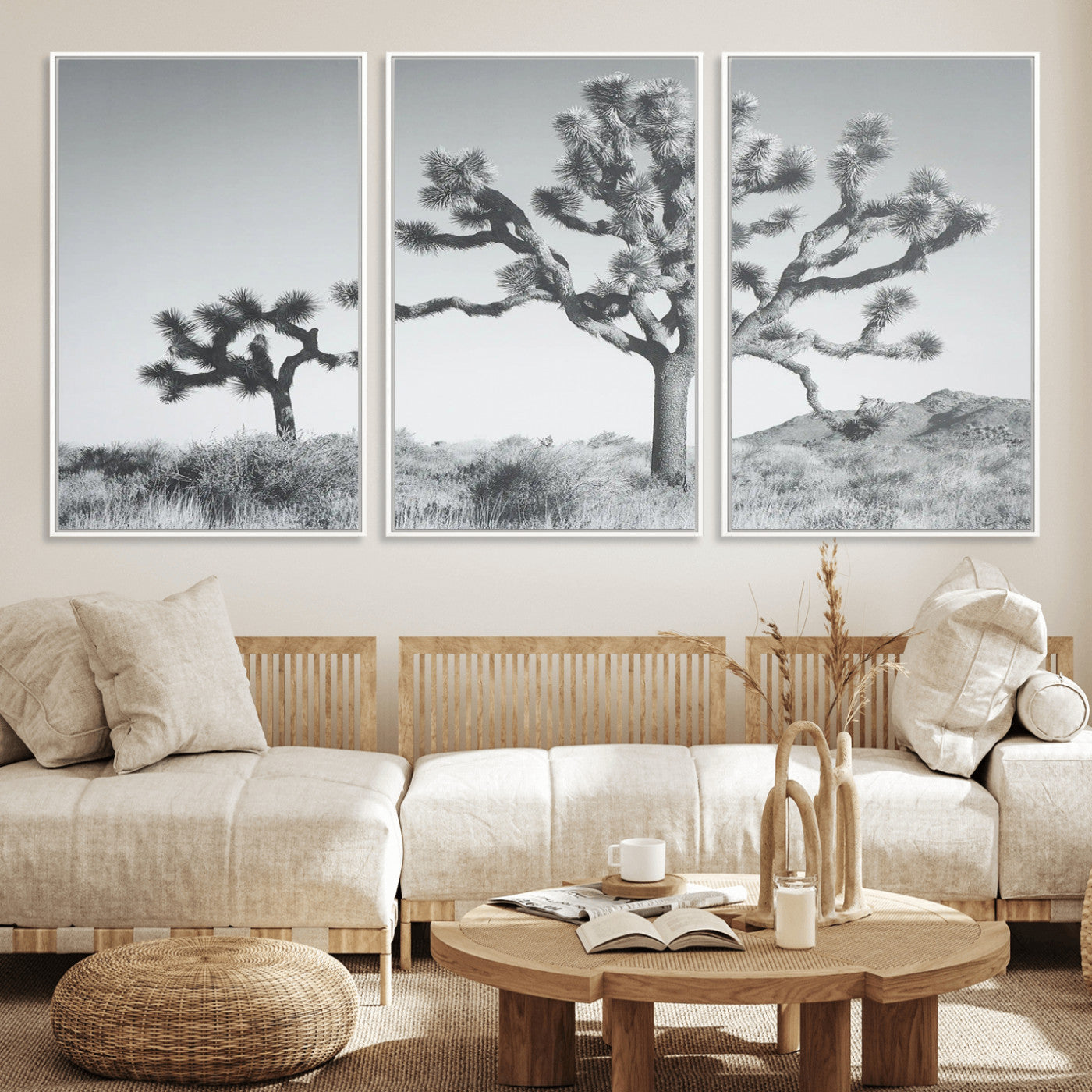 Black and white Joshua tree in a desert landscape with soft light and dry brush, perfect for rustic or minimalist home decor.