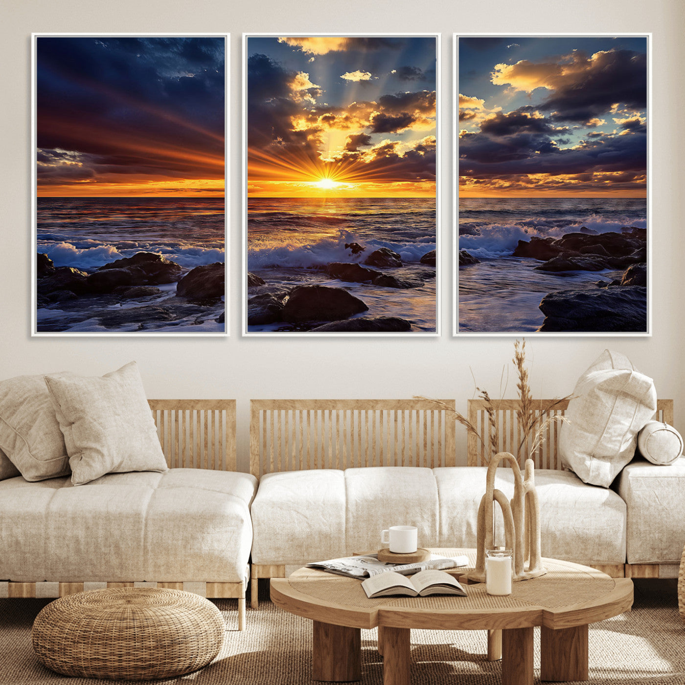 An explosive sunset over the ocean with dramatic clouds and rays of sunlight reflecting off the water, creating a vibrant and captivating view.