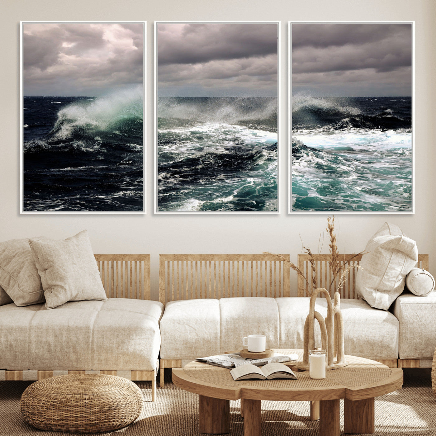 Powerful ocean waves crashing under stormy skies, creating a dynamic and intense seascape.