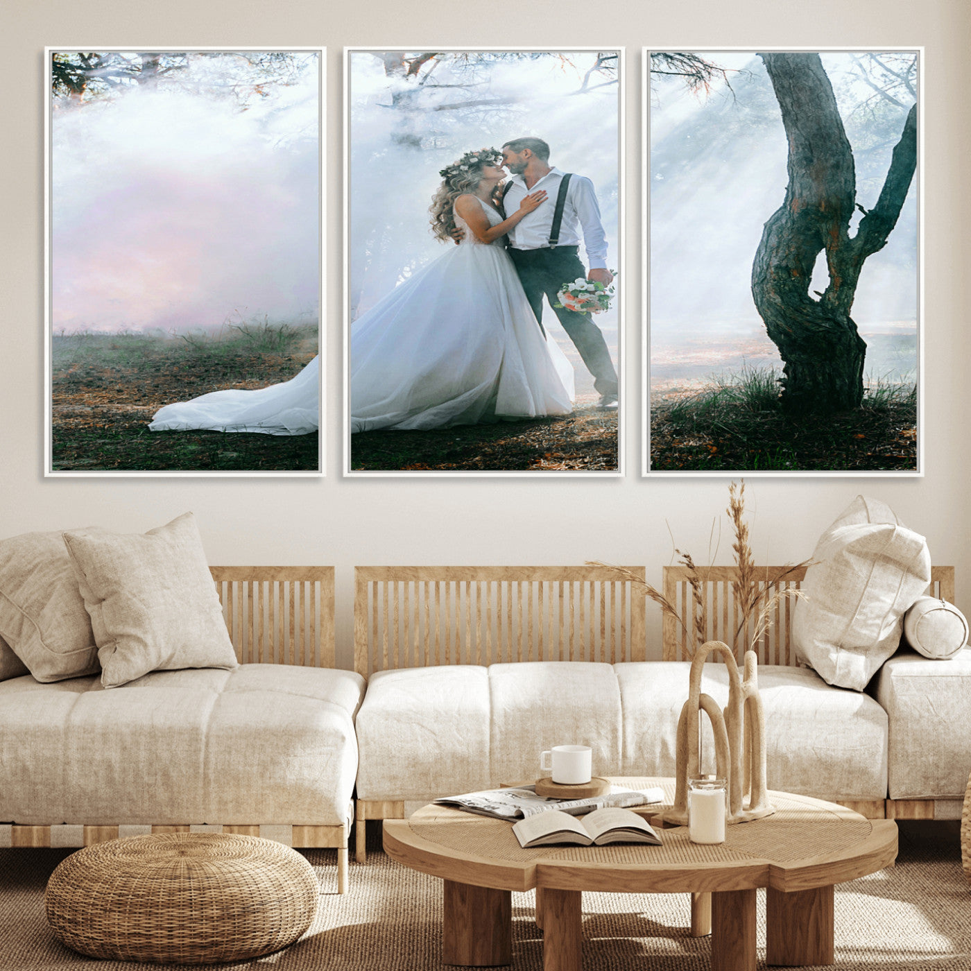 MGV-FC-60X30-3P - Forest Wedding Wall Art – Romantic Bride and Groom Canvas Print, Enchanted Woodland Photography Decor for Bedroom, Living Room, or Wedding Gift