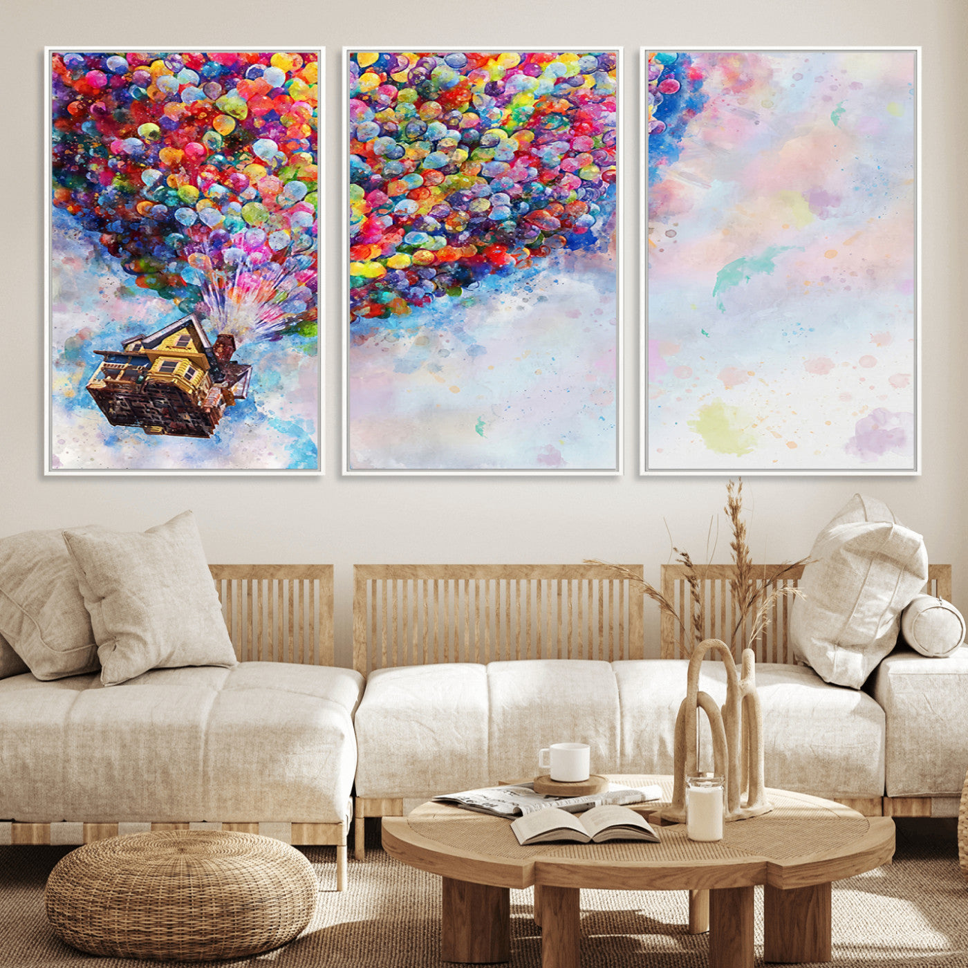 Whimsical canvas of the house from the movie Up flying with colorful balloons, ideal for Pixar or animation-themed decor.