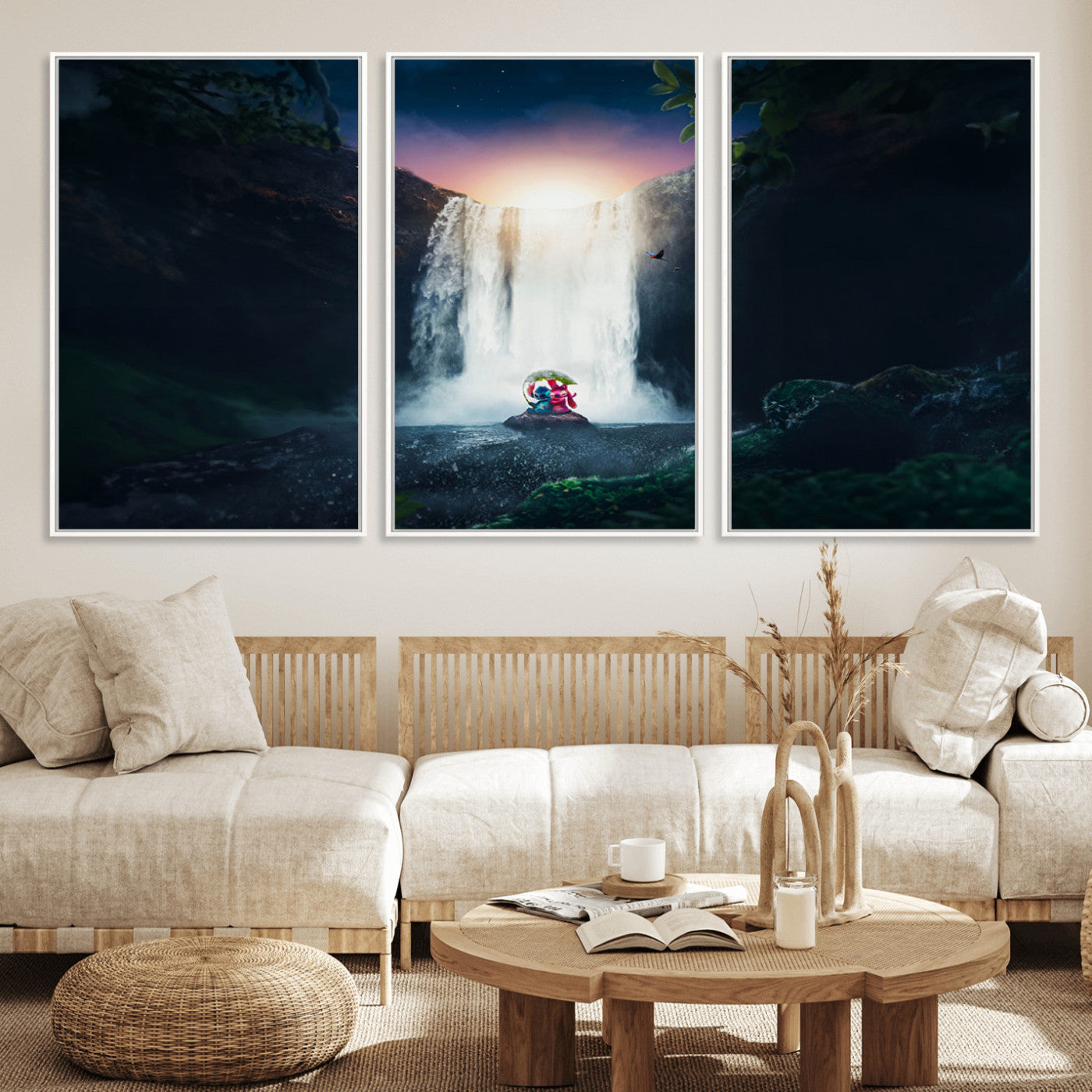 Romantic scene of Stitch and Angel sitting under a leaf in front of a glowing waterfall, ideal for tropical or fantasy-themed decor.