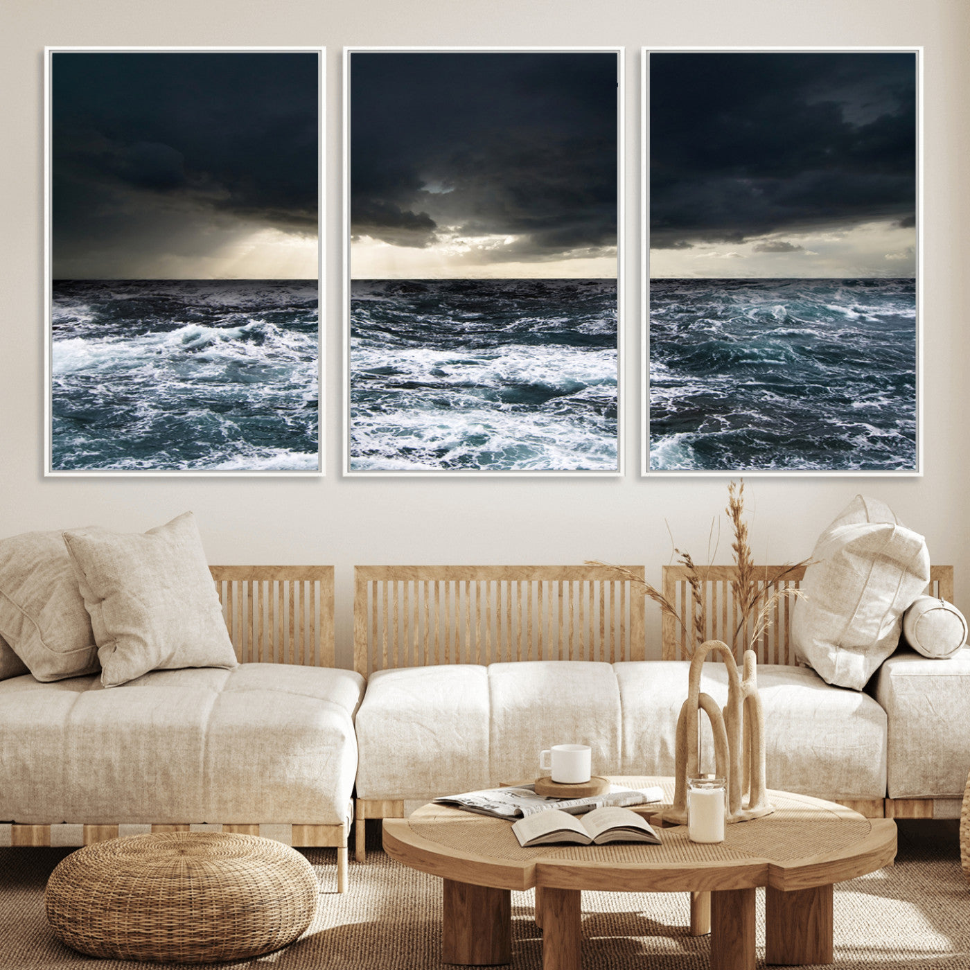 Moody ocean scene with stormy skies and crashing waves, perfect for dramatic or coastal-style home wall decor.