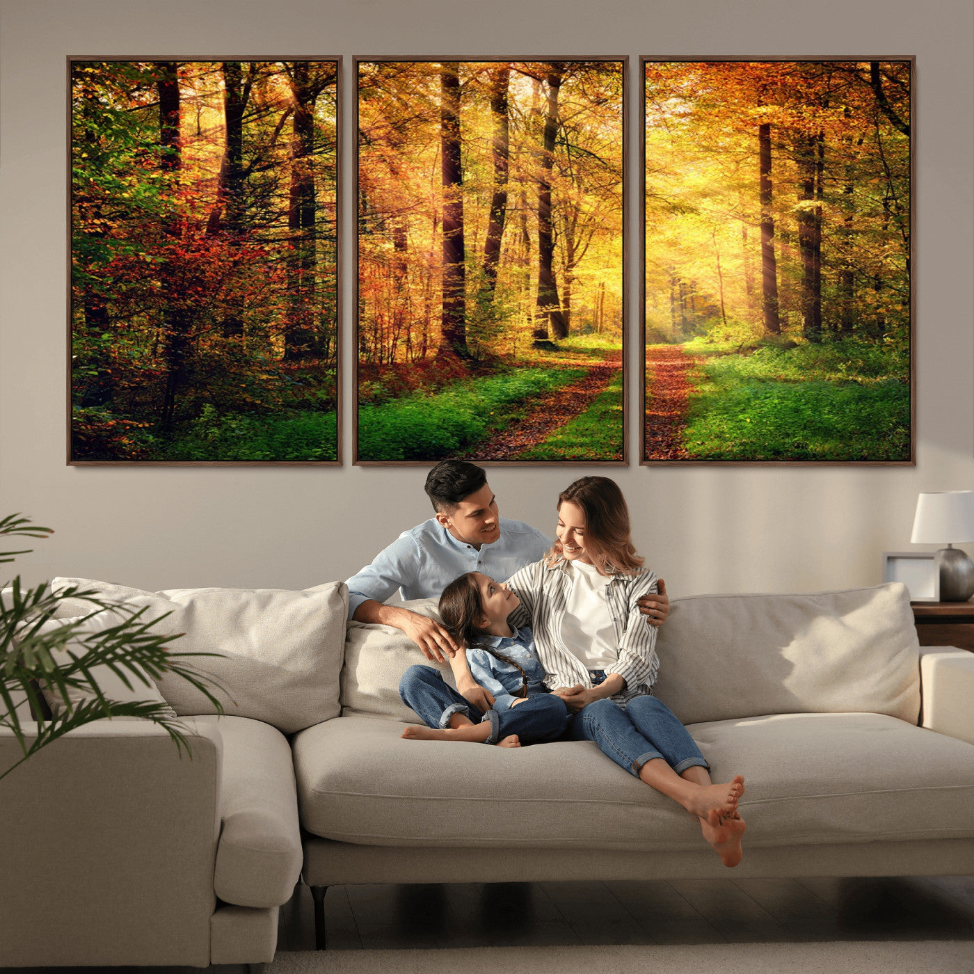 73494-MGV-CV-36X24-Golden Autumn Forest Path Wall Art – Sunlit Woodland Canvas Print, Fall Nature Landscape Home Decor