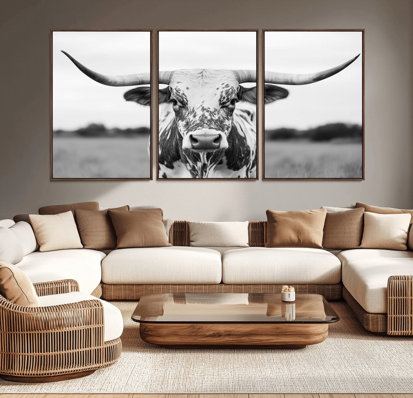 Capture the strength and elegance of nature with this striking black and white portrait of a longhorn cow. Its powerful presence makes a bold statement in any room.