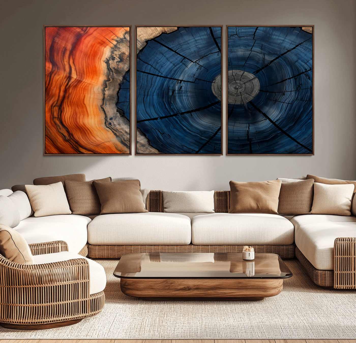 A captivating close-up of a tree trunk, showcasing its concentric rings in rich shades of blue, orange, and brown, highlighting the organic patterns of natural wood.
