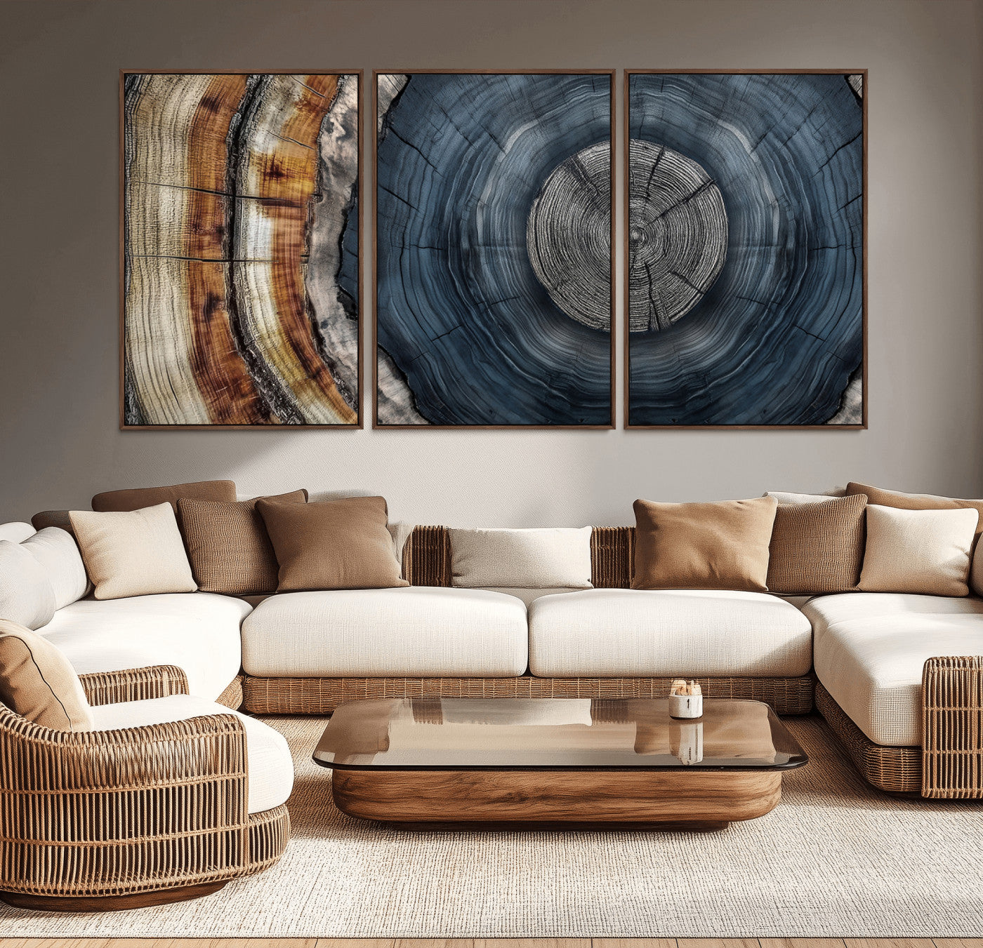 A stunning close-up of a tree trunk showing the intricate, circular growth rings, showcasing the natural textures and rich contrasts in deep blues, browns, and silvers.