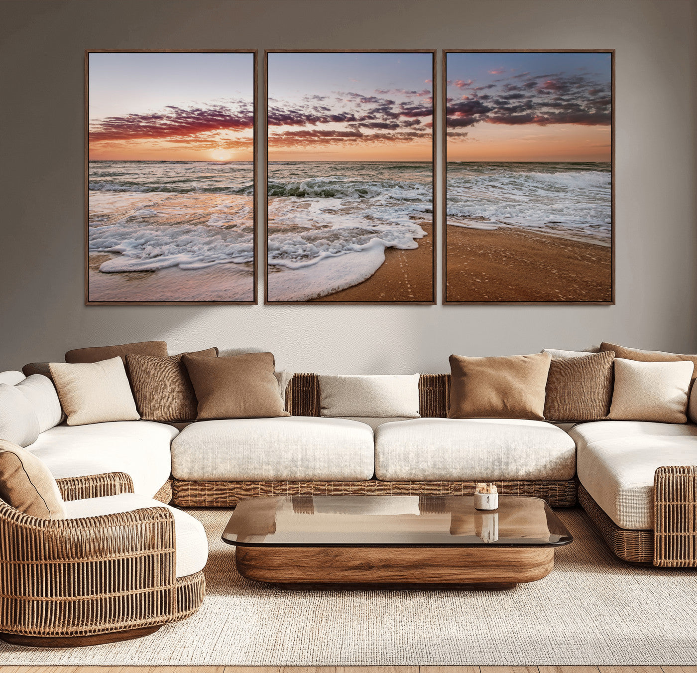 Canvas of a sunset over a foamy ocean shore with warm light and gentle waves, ideal for coastal or beach-themed home decor.