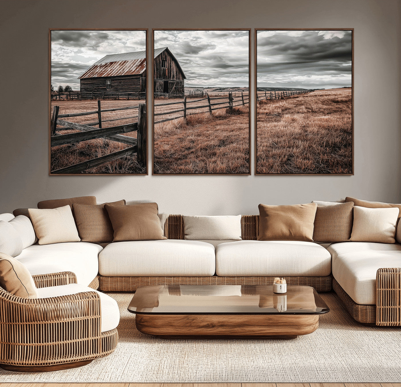 Framed canvas of a rustic barn under a moody sky with weathered fence and dark fields, ideal for farmhouse or rural-style wall decor.