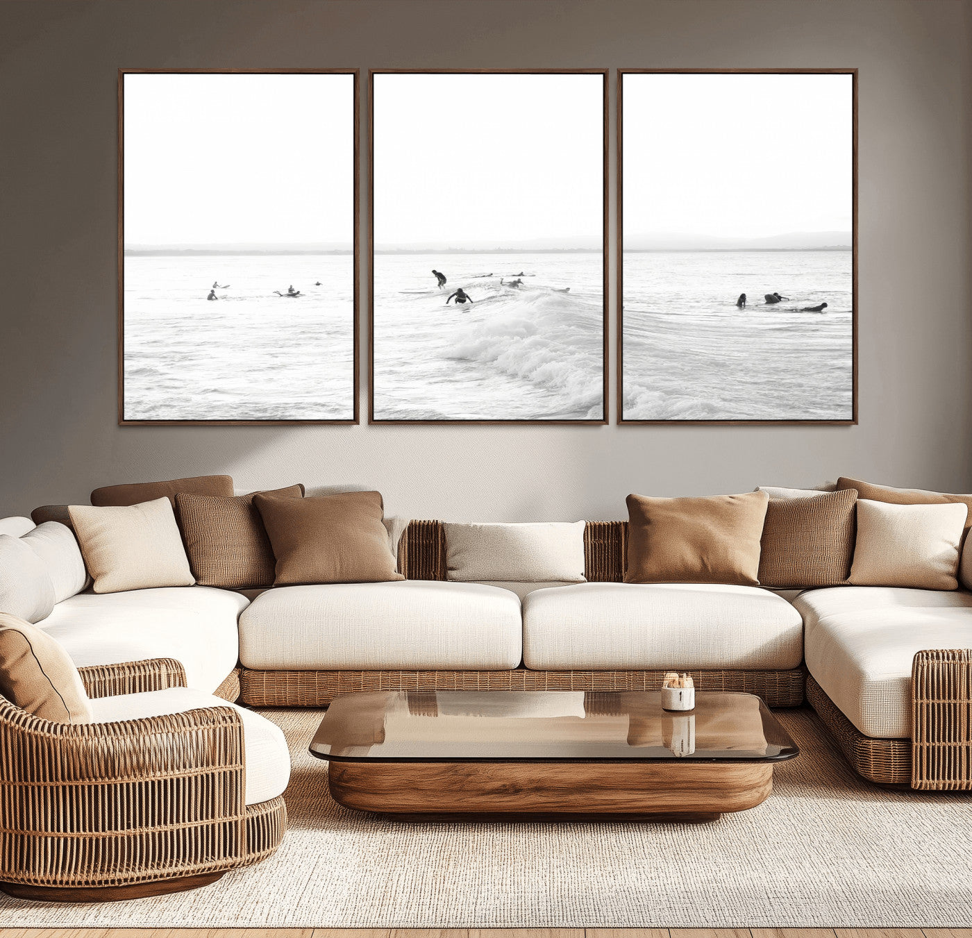 Monochrome photo of surfers riding and waiting on ocean waves, ideal for surf-themed or coastal energy wall decor.