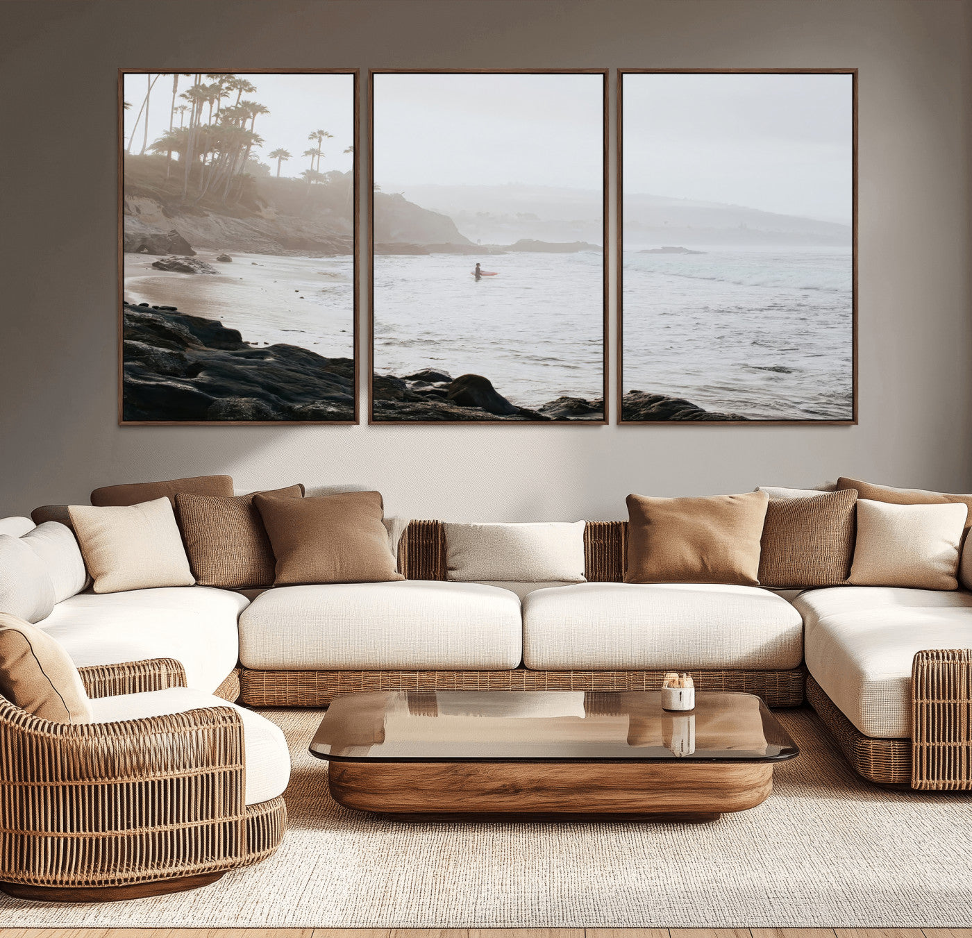 Framed canvas of a surfer in misty coastal tones at a foggy California beach, ideal for minimalist coastal beach or serene ocean-themed decor.