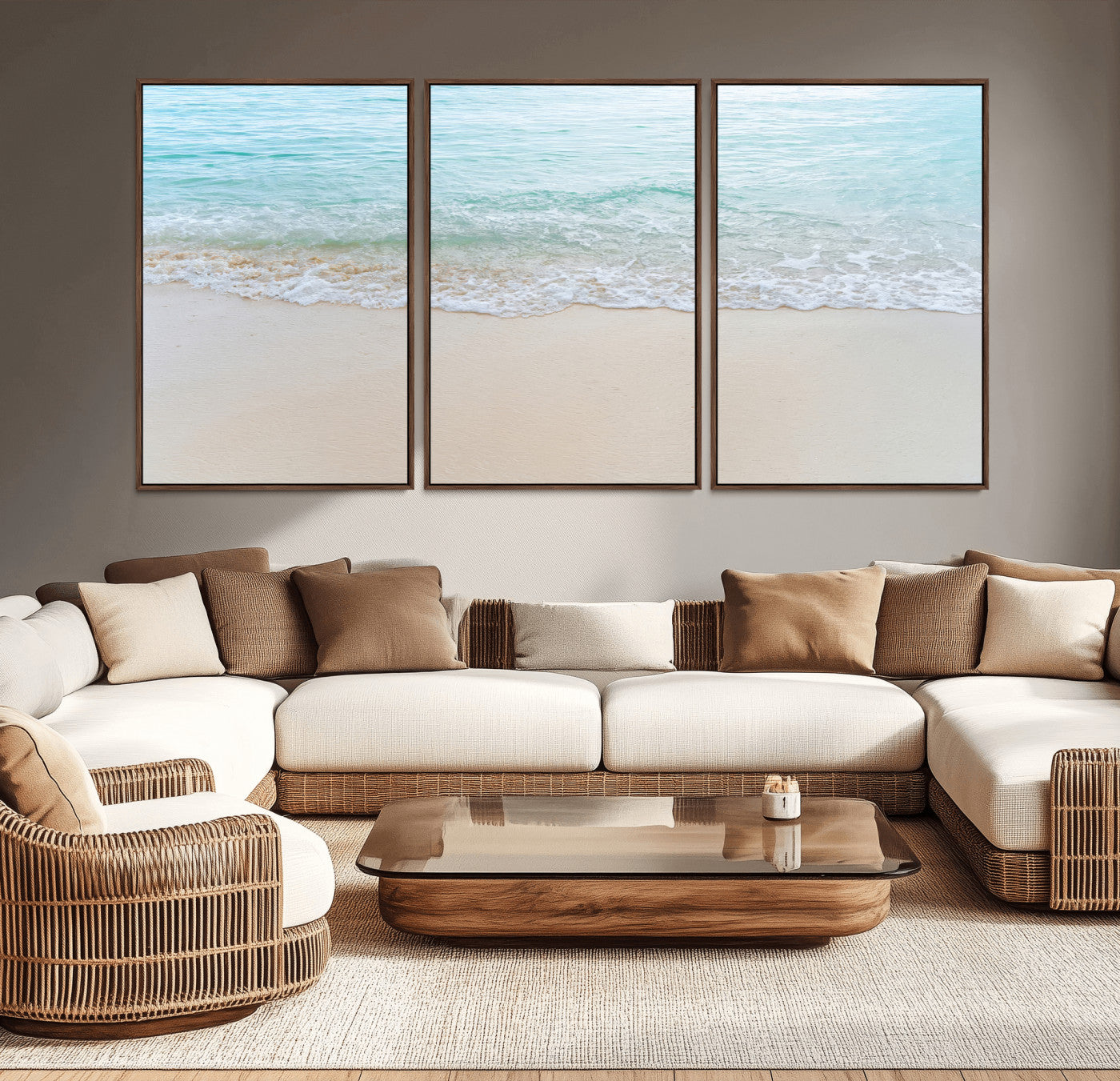Soft shoreline with gentle aqua waves on smooth sand, ideal for minimalist coastal or pastel ocean-inspired home wall decor.