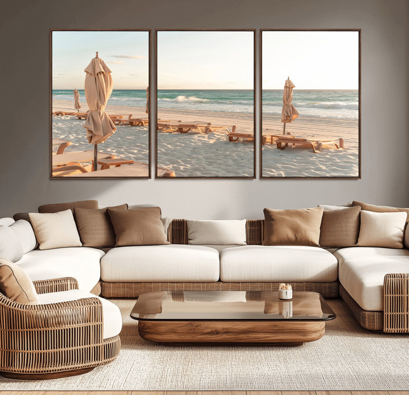 Minimalist photo of empty beach loungers and umbrellas on soft sand, ideal for calm seaside or pastel coastal-style home decor.
