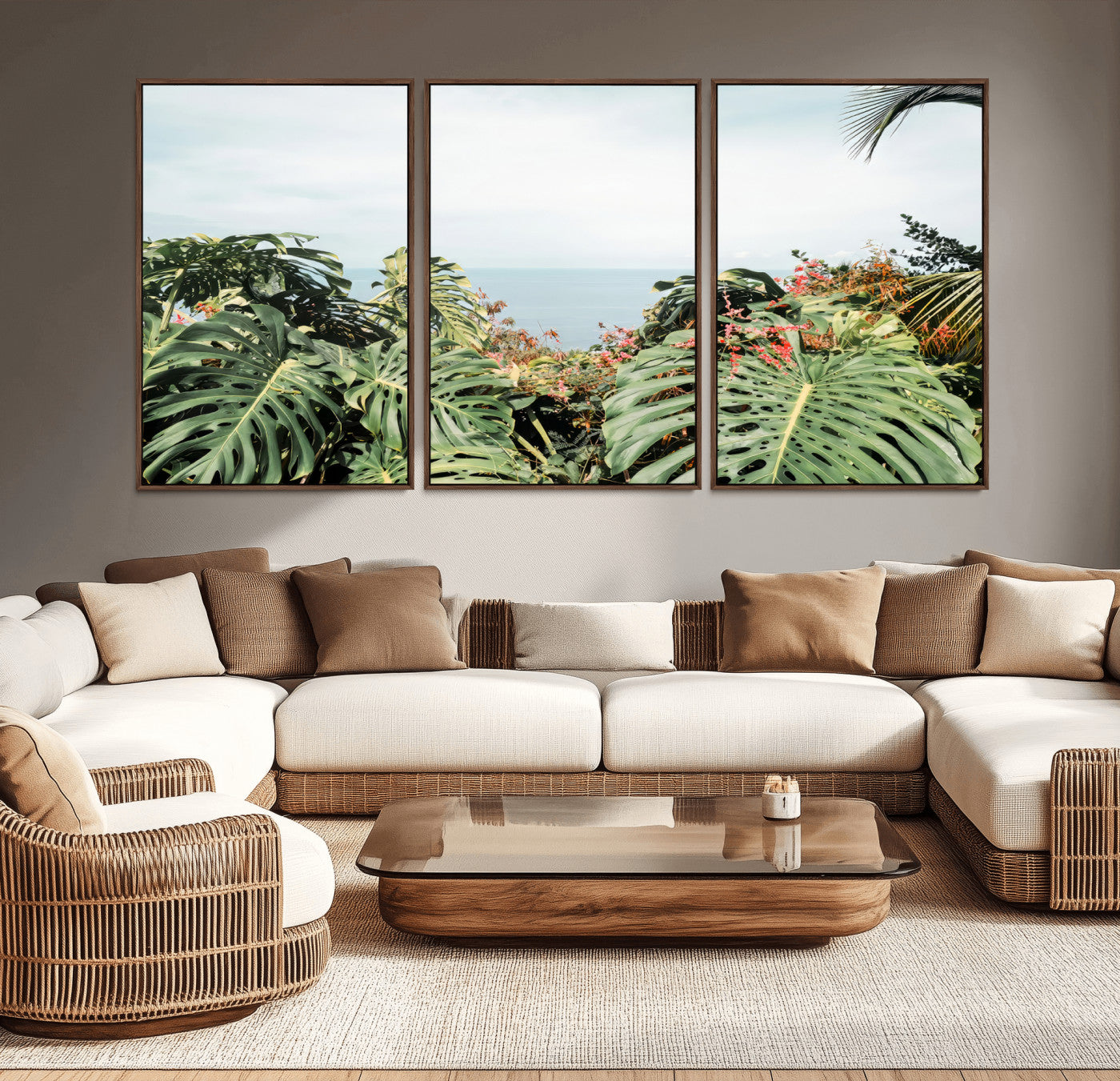 Monstera leaves and tropical flowers framing a calm ocean view, ideal for tropical coastal or exotic jungle-style interior wall decor.