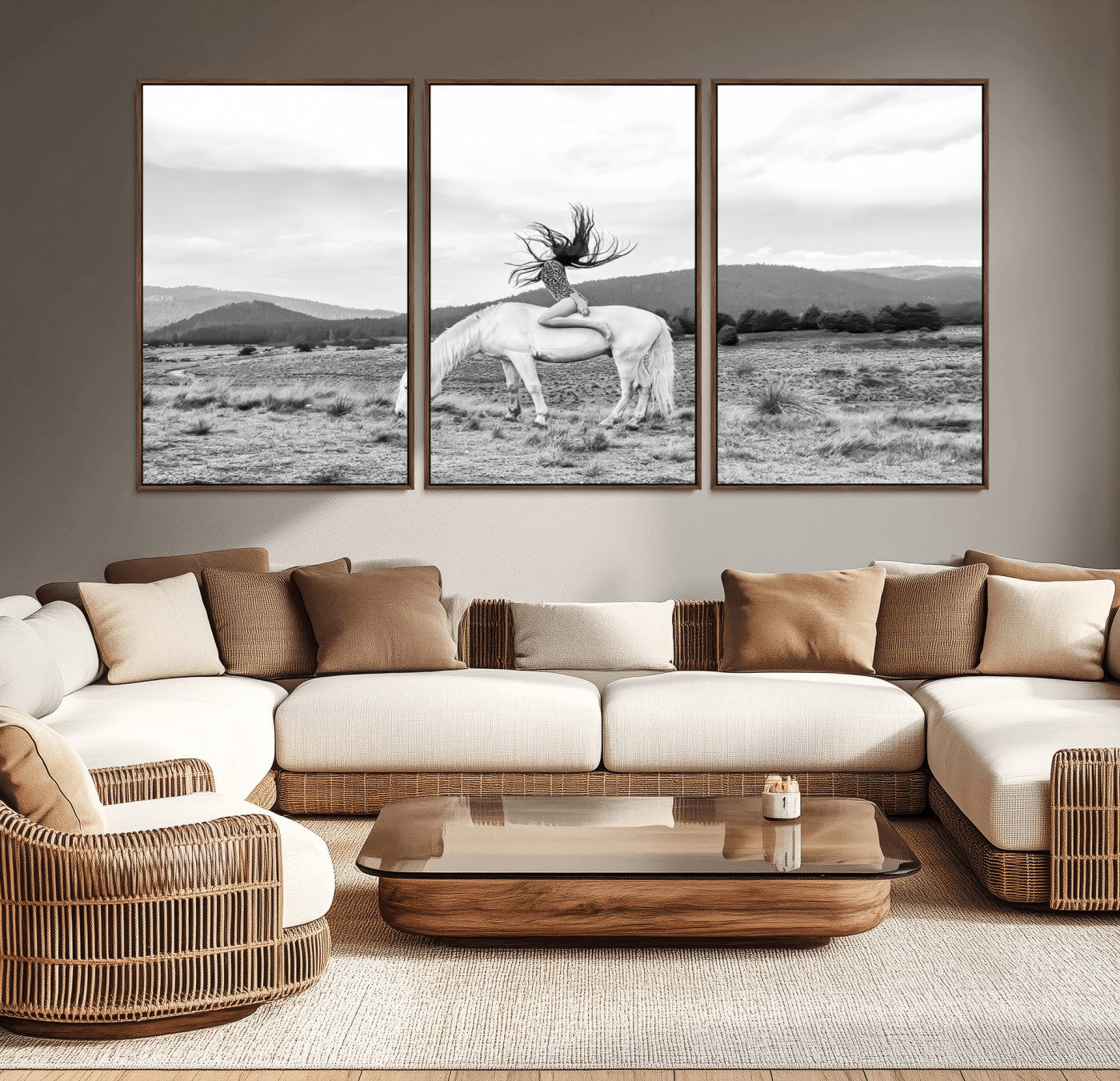 Black and white photo of a woman on a white horse in moody tones, ideal for Western Boho or modern rustic-style home decor.