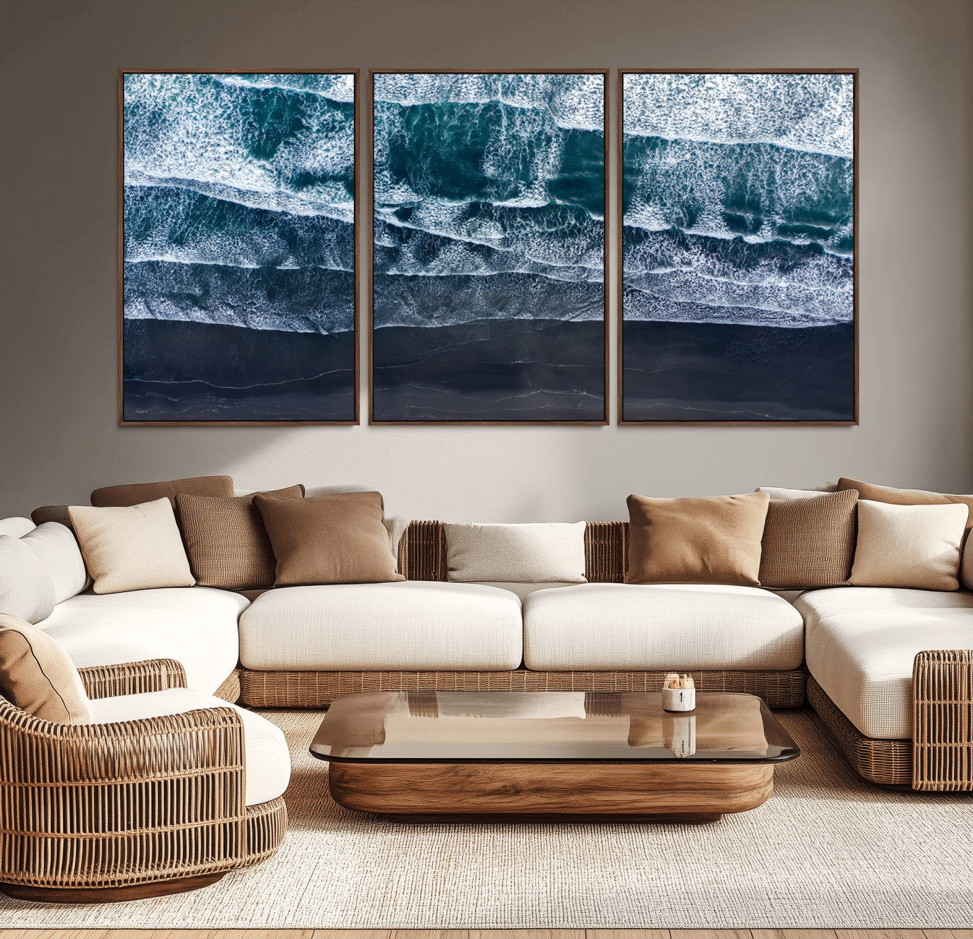 Canvas of aerial ocean waves crashing onto a black sand beach in moody tones, ideal for modern coastal or minimalist home decor.