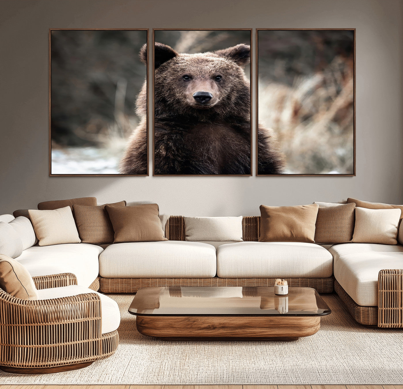 Canvas of a brown bear in soft earthy tones and moody forest light, ideal for rustic cabin or woodland nature-themed home decor.