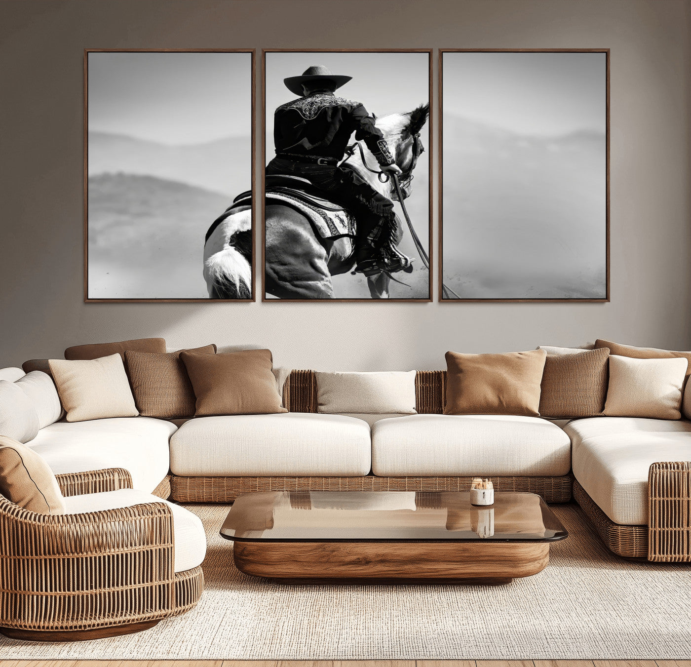 Black and white canvas of a cowboy on horseback with moody tones, perfect for rustic western or country-inspired home decor.