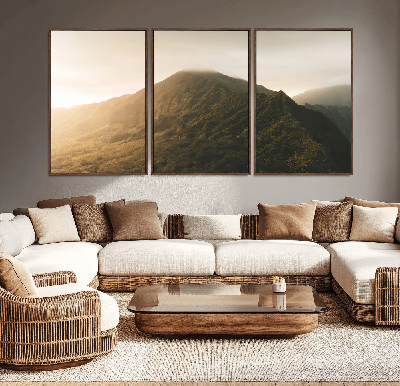 Sunlit mountain peak with mist rolling over its rugged slopes, bathed in golden light, creating a warm and tranquil nature-inspired scene.