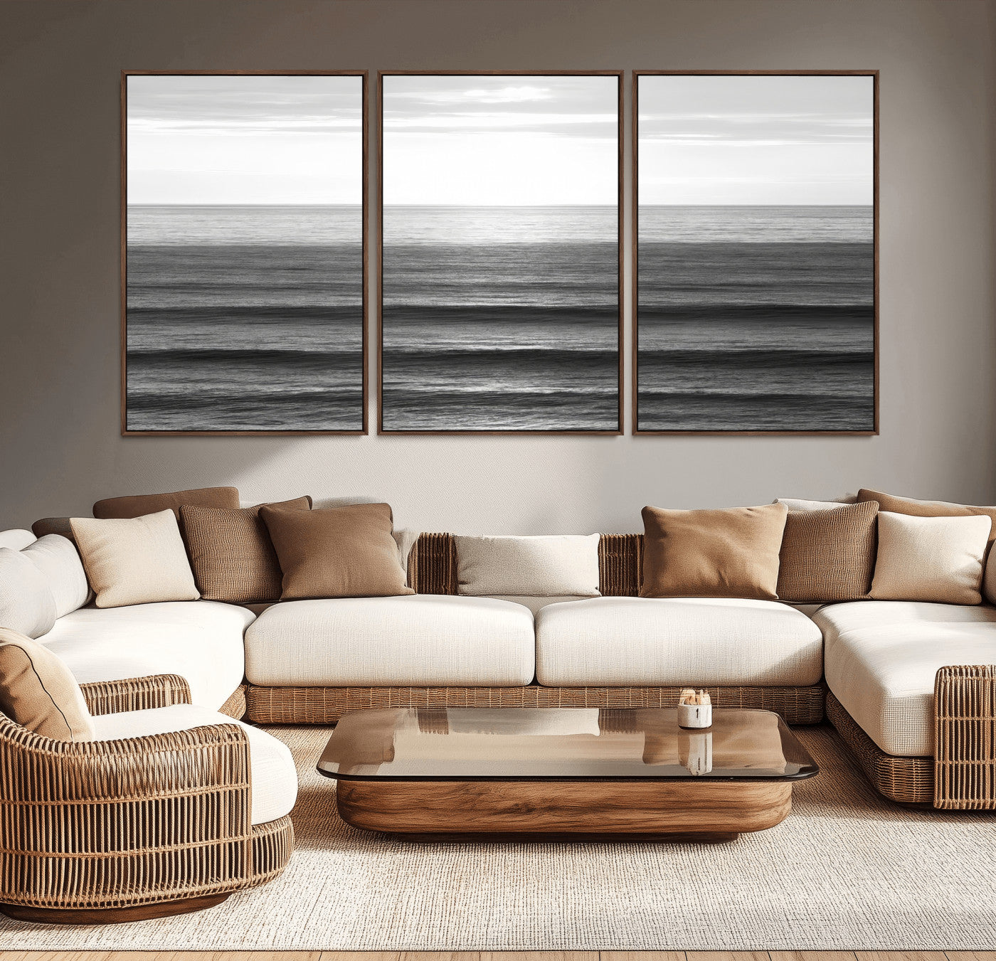 Minimalist black and white ocean view with layered waves reflecting sunlight, evoking a sense of calm and coastal serenity.