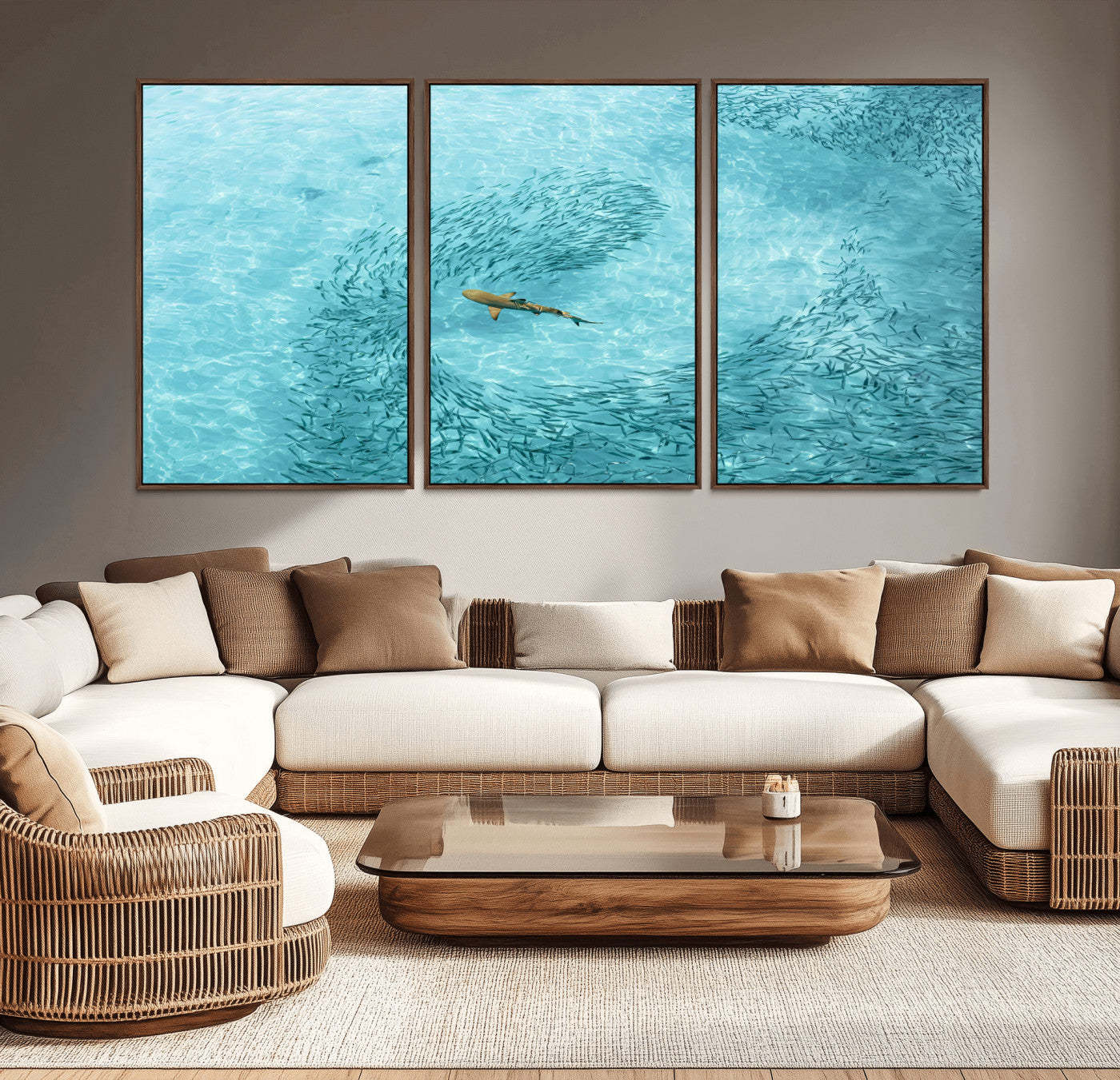 Aerial view of a shark swimming through a swirl of fish in clear turquoise waters, perfect for calm coastal or beach house decor.