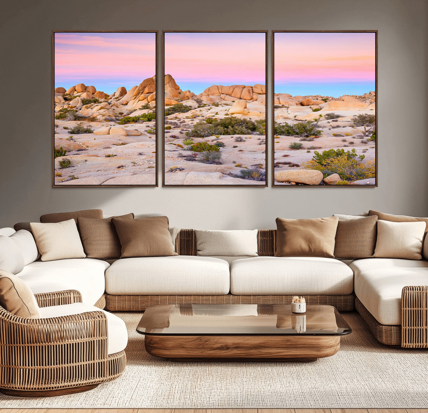 A breathtaking desert landscape featuring rugged rock formations under a vibrant pastel sunset sky, capturing the warmth and serenity of a Southwestern wilderness.