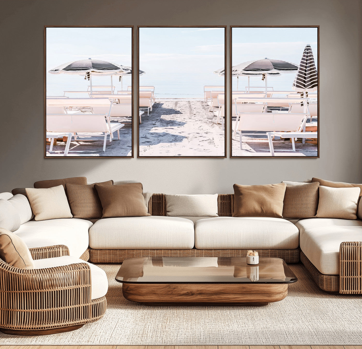 A serene minimalist beach scene featuring striped umbrellas, soft pastel sand, and an elegant lounge setup, creating a tranquil and stylish coastal retreat.