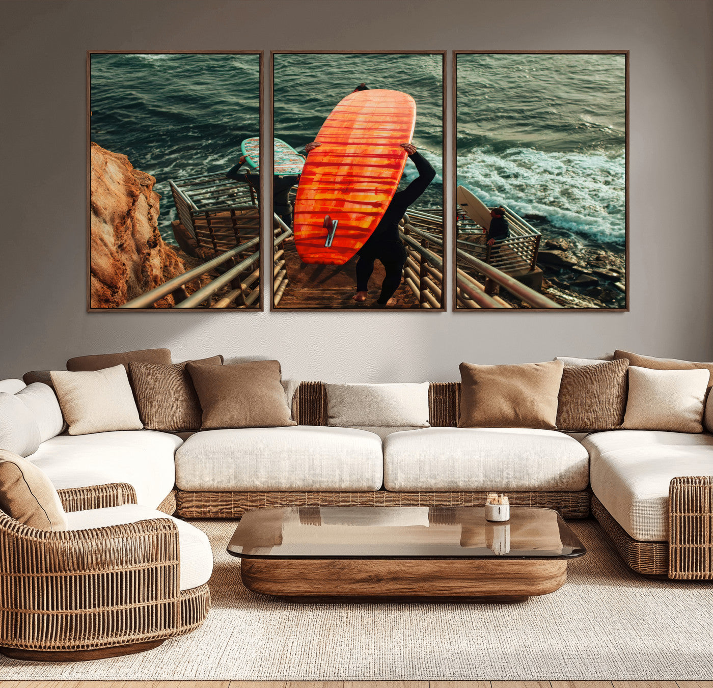A surfer carrying a bold orange surfboard down a rugged staircase toward the ocean, bathed in golden hour light, capturing the energy of coastal adventure.