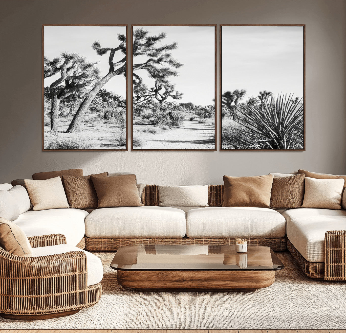 Canvas of a Joshua Tree forest in black and white tones, featuring a desert path and spiky vegetation, ideal for minimalist or rustic decor.