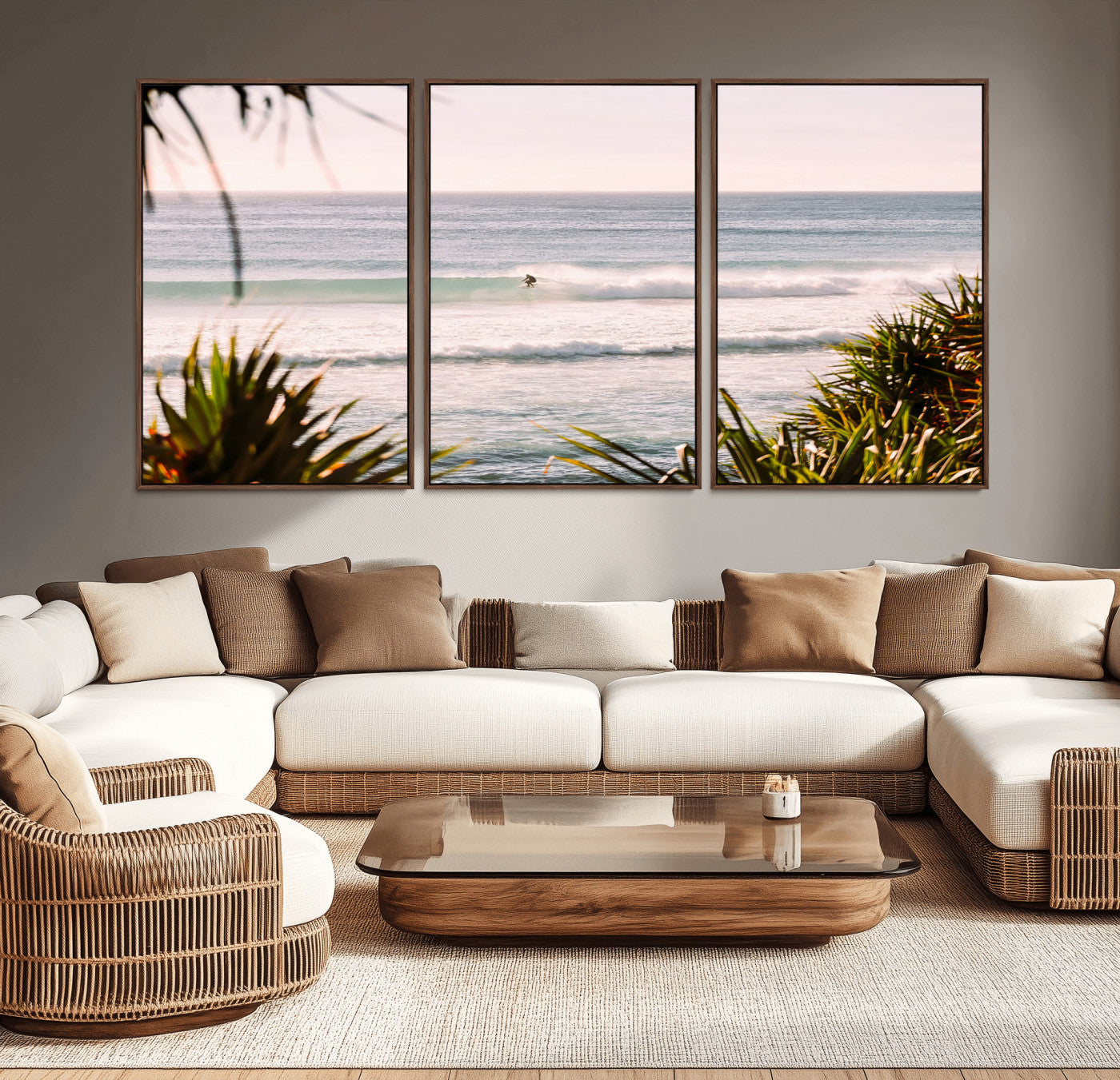 Canvas of a lone surfer riding a pastel wave at sunrise, perfect for tropical or coastal-themed spaces with a relaxed, airy vibe.