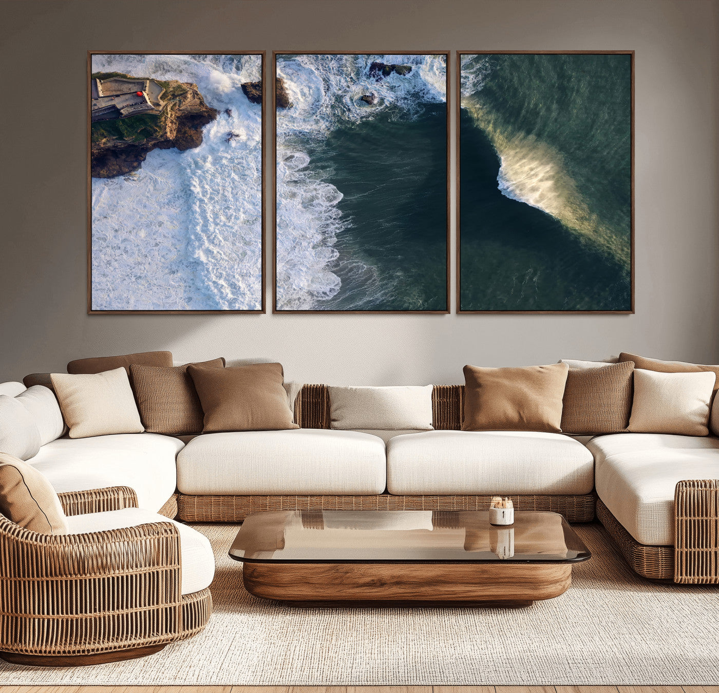 Canvas showing an aerial view of crashing waves along the Nazaré coastline, perfect for dramatic coastal or ocean-themed home decor.