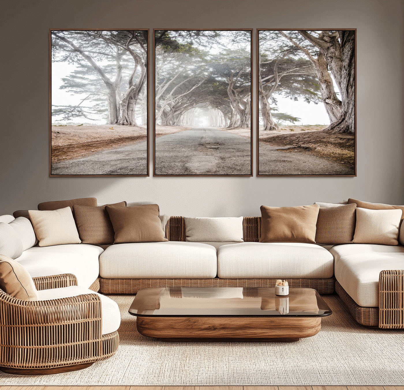 Canvas of a misty tree tunnel with arching cypress trees and an earthy road, ideal for rustic or coastal nature decor.