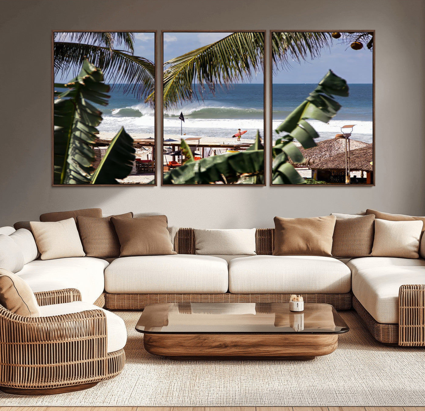 Canvas wall art of a tropical surf scene framed by palm trees, with a surfer on the shore and waves rolling in, ideal for beach-themed decor.