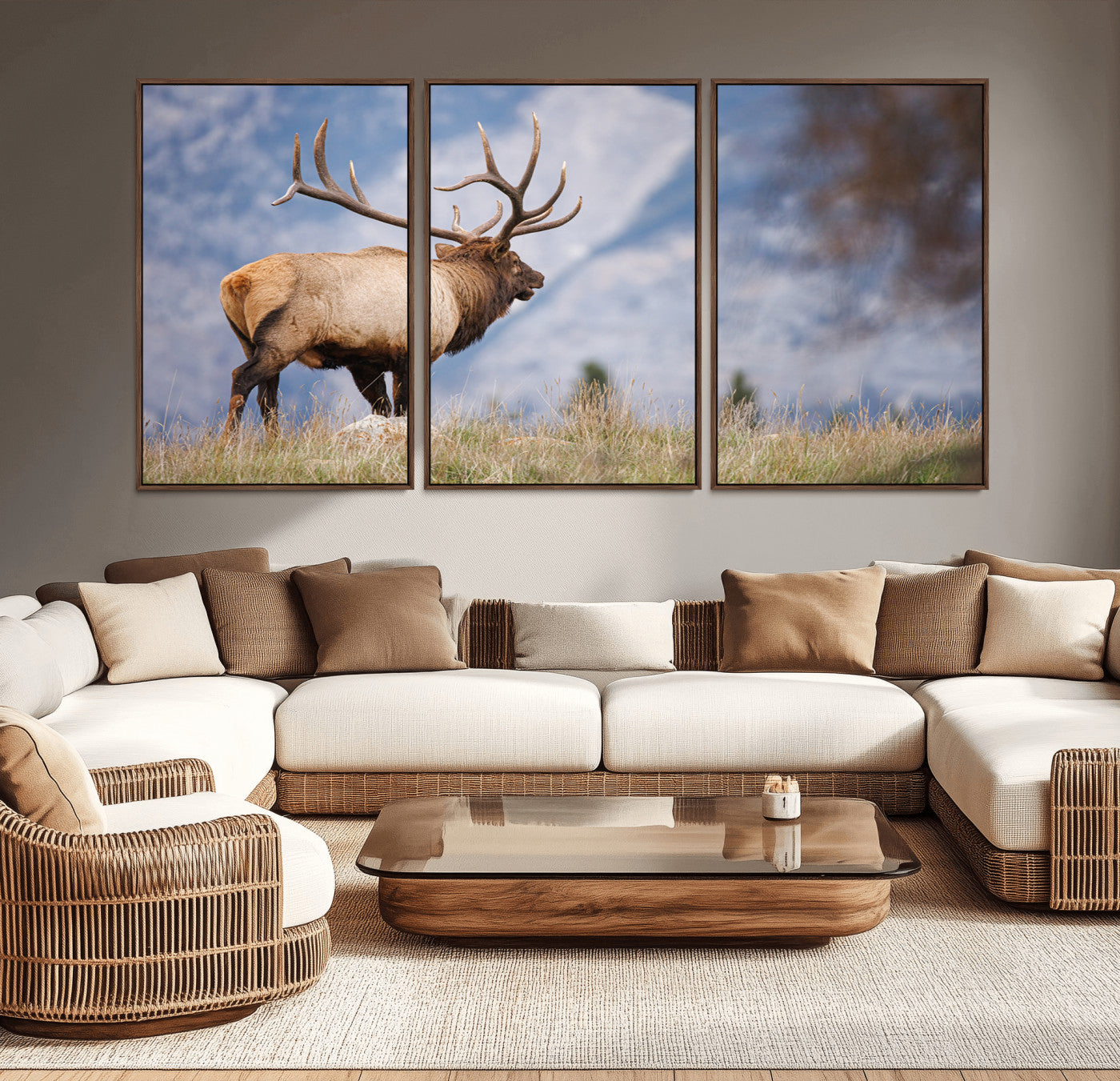 Elk with antlers standing on grass with mountain background, ideal for rustic, cabin, or lodge-inspired wall decor.