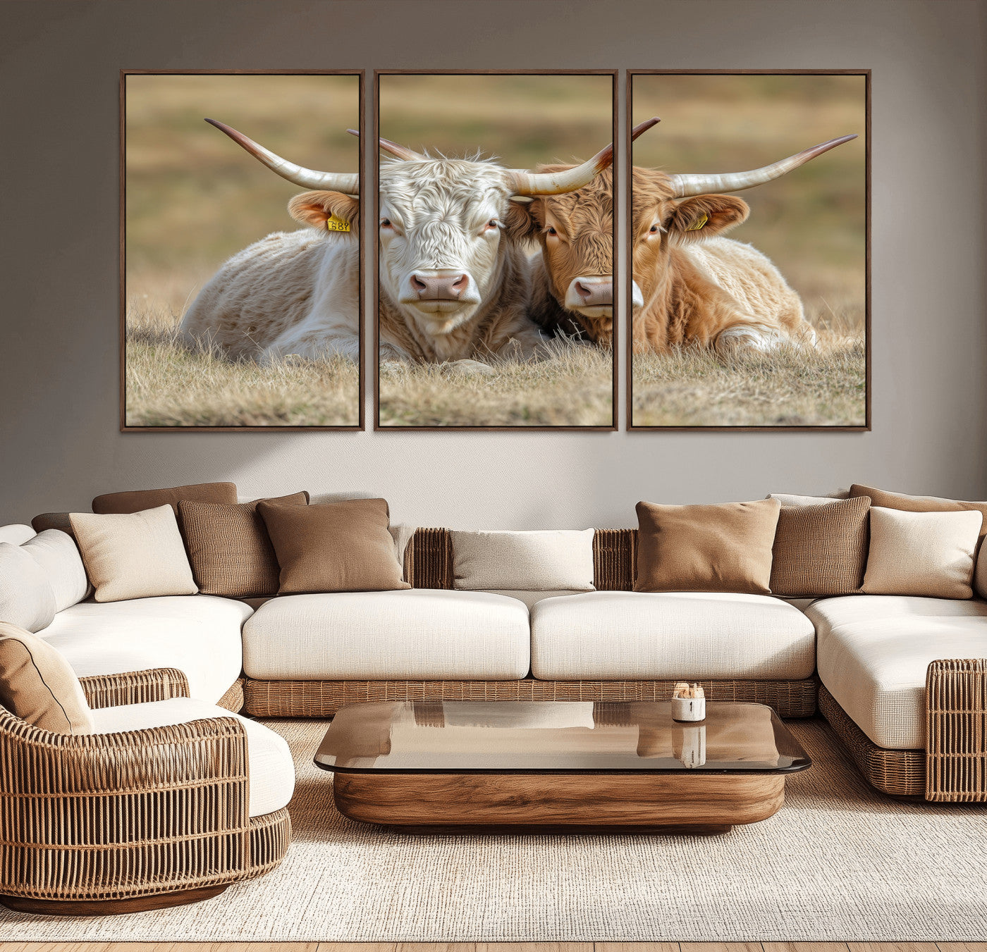 Two cows laying closely in a dry grassy field, captured in soft light, perfect for rustic farmhouse or western style home decor.