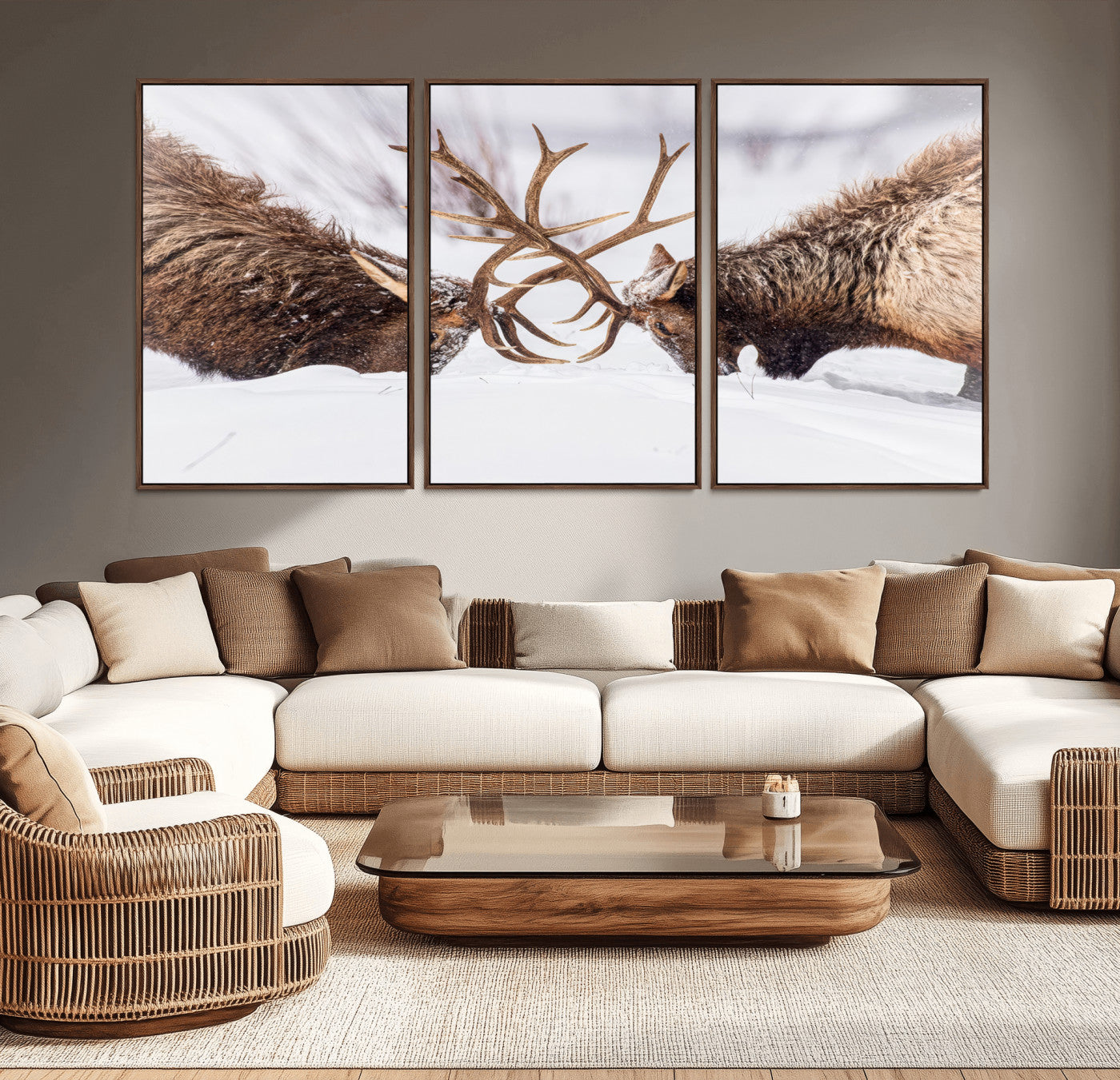 Two elk clashing antlers in a snowy forest, capturing raw power and wild energy, ideal for rustic cabin or lodge-style decor.