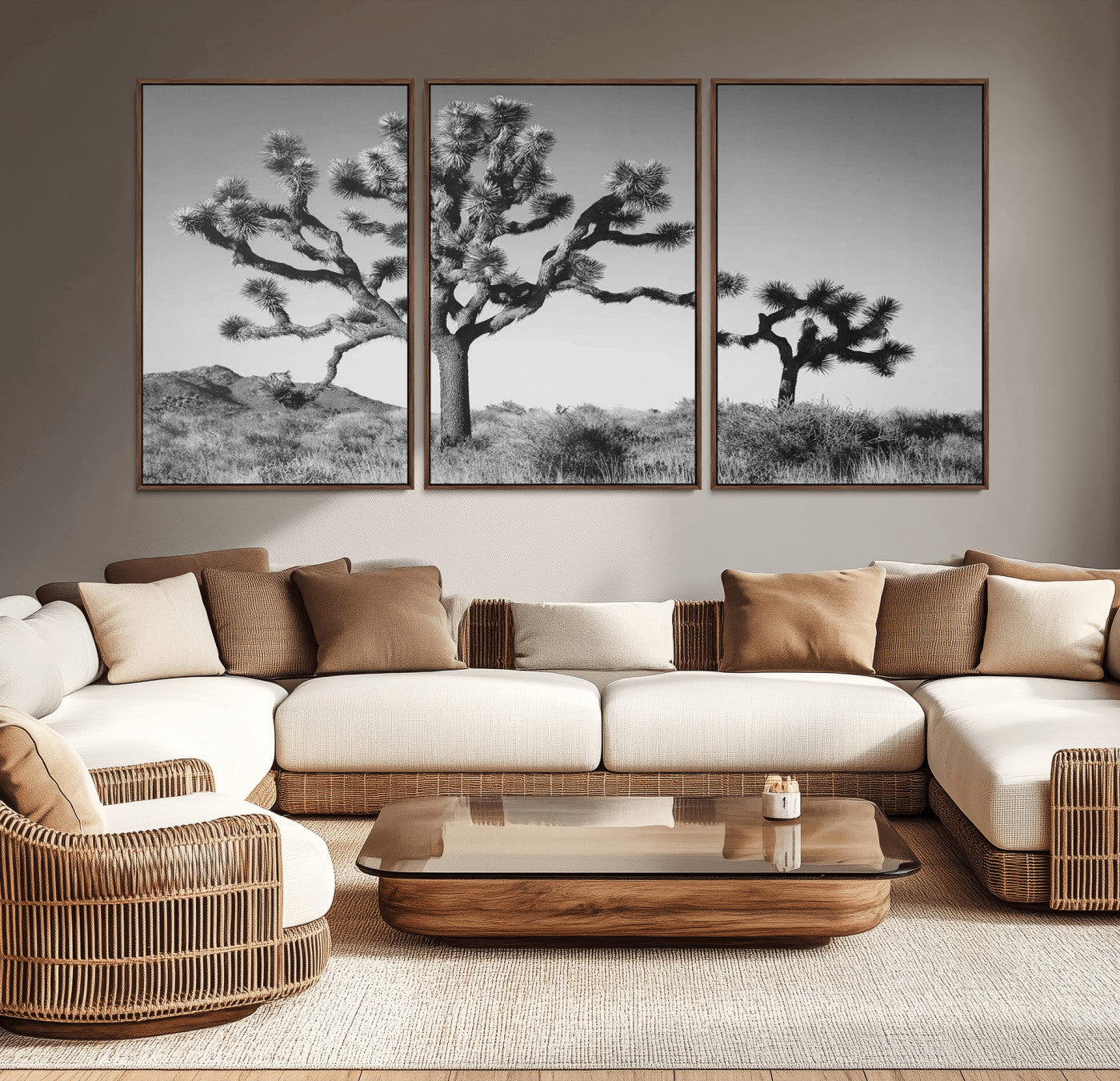 Black and white Joshua trees in a rugged desert landscape, creating a calm and minimalist feel for natural or rustic-themed interiors.