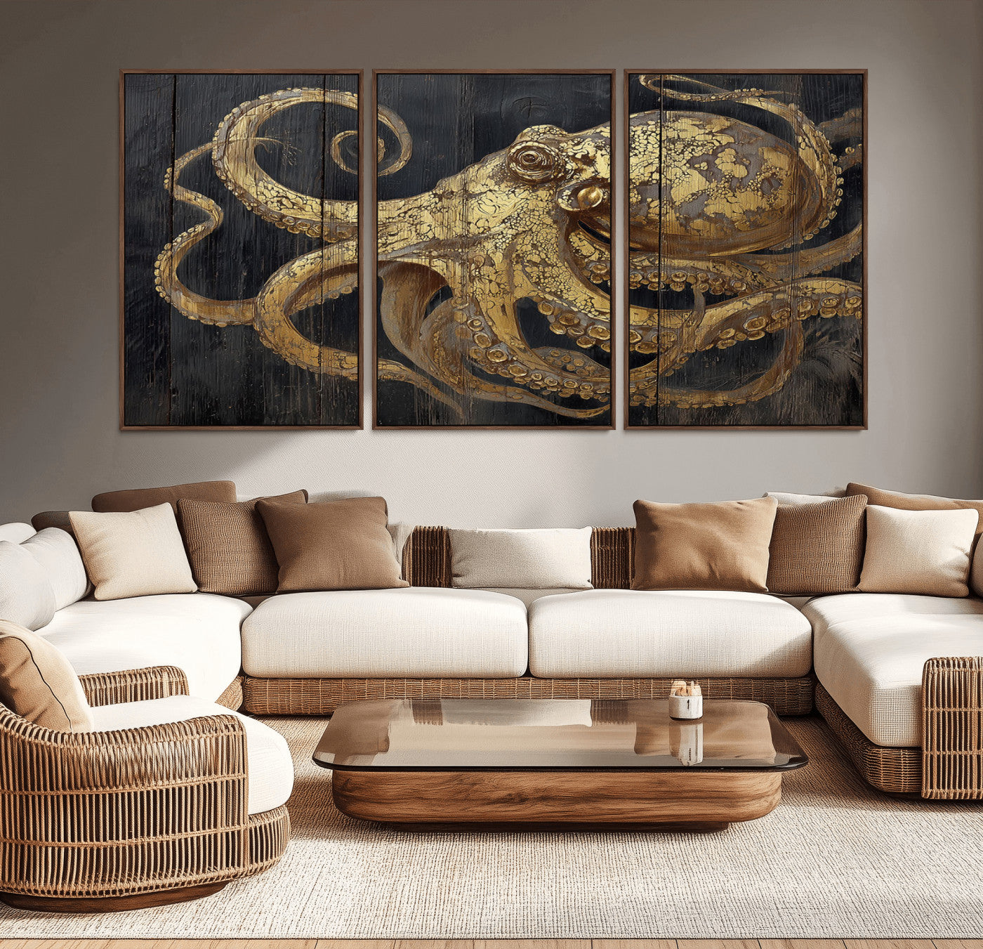 A detailed gold illustration of an octopus on black wooden planks, showing its intricate tentacles and textured skin in an artistic style.