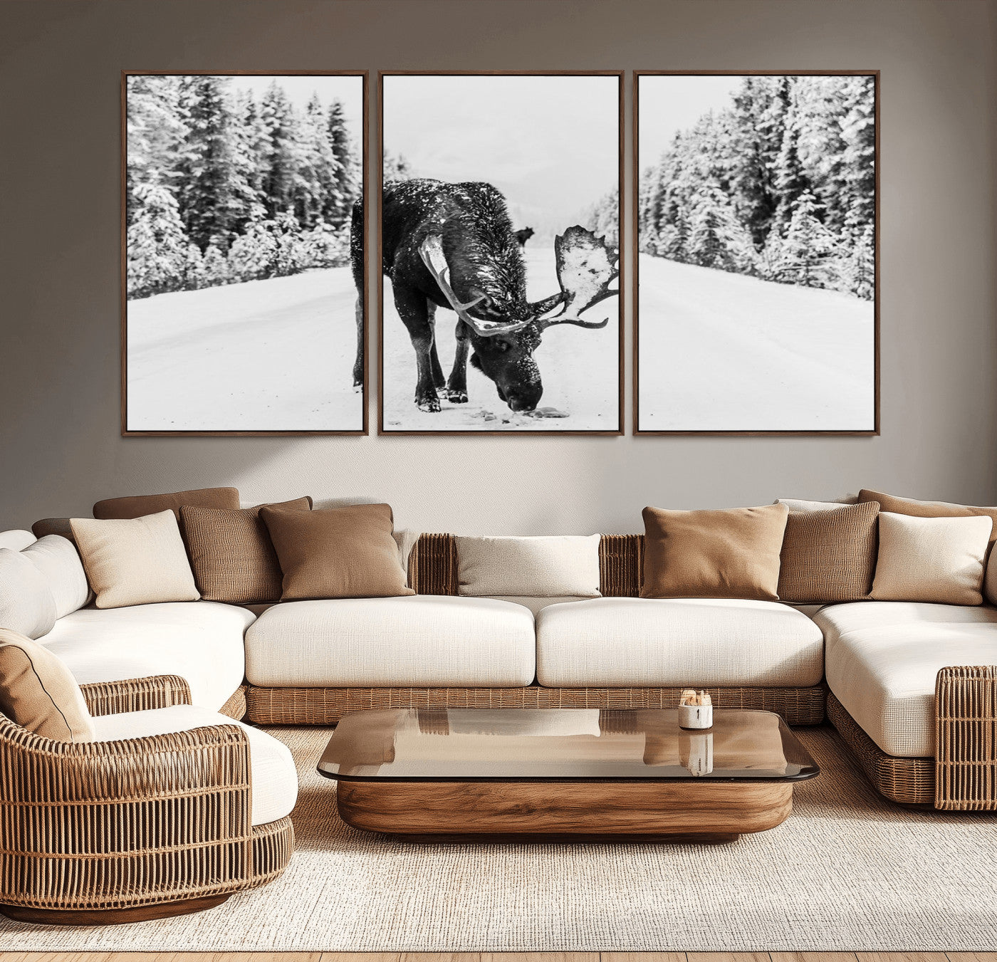 A majestic moose grazing in the snow-covered wilderness, surrounded by snow-covered trees, creating a peaceful winter scene.