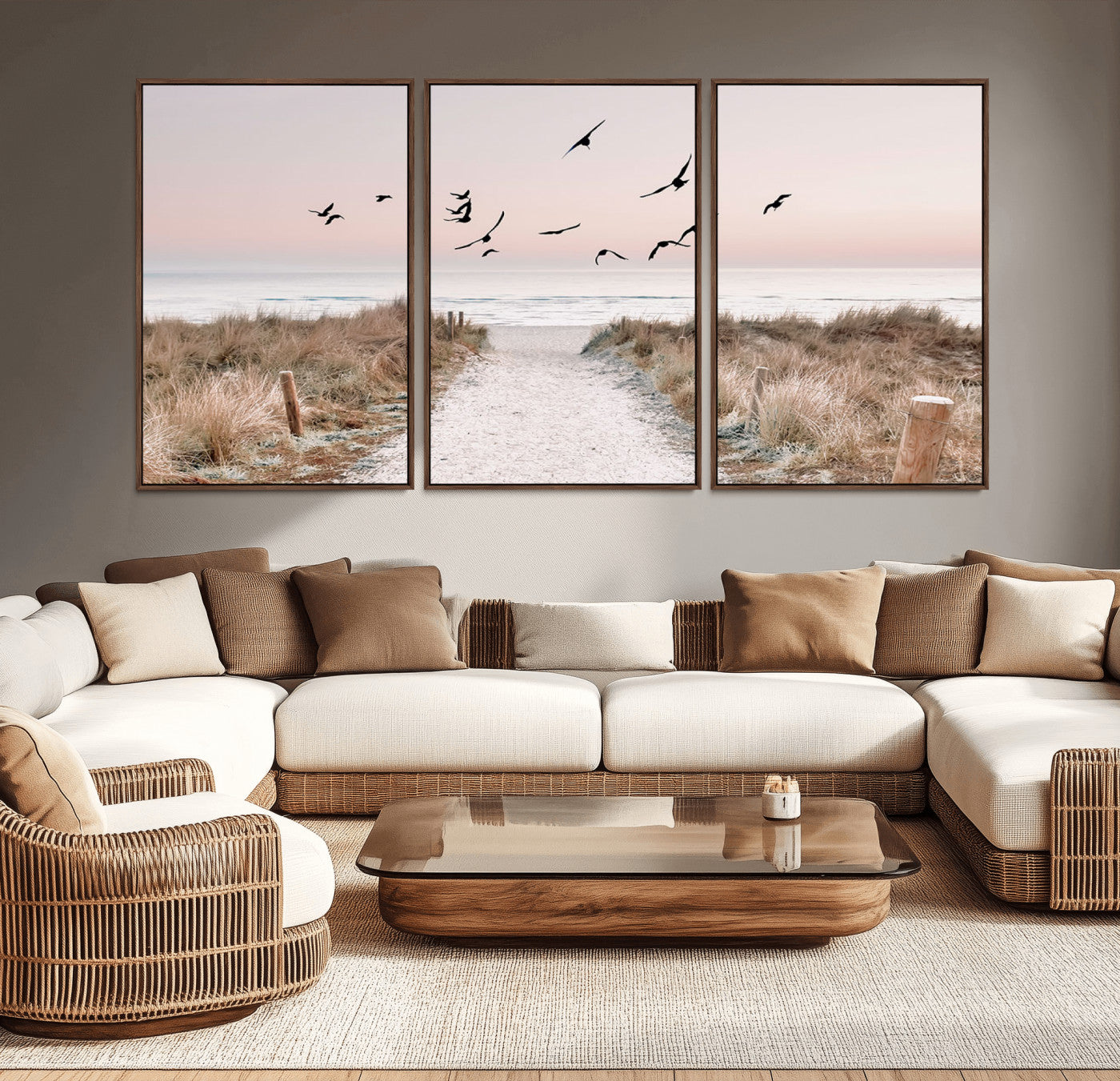 A peaceful coastal pathway leading to the ocean, with birds flying across a soft pastel sky, creating a calm and scenic beach atmosphere.