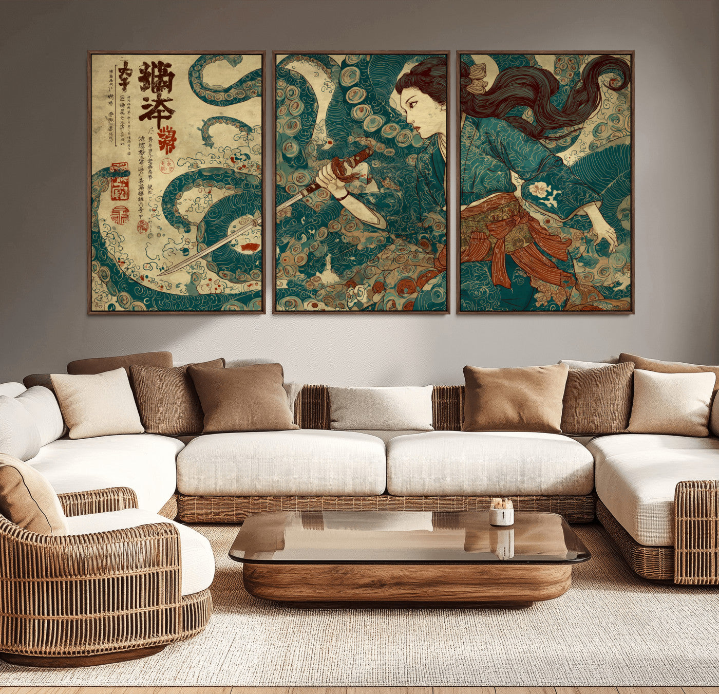 Tsukioka Yoshitoshi Samurai Wall Art Print, Japanese Katana Warrior Canvas Wall Art, Octopus Sea Monster Canvas Print,