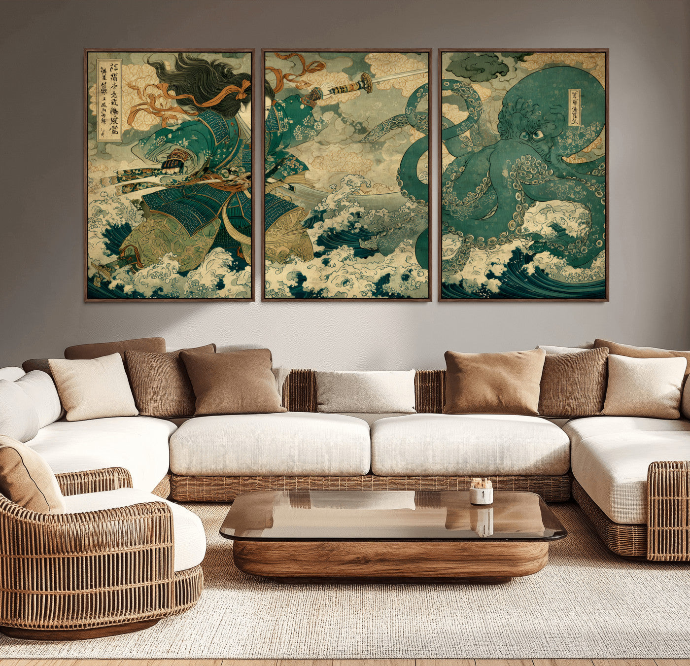 Tsukioka Yoshitoshi Samurai Wall Art Print, Japanese Katana Warrior Canvas Wall Art, Octopus Sea Monster Canvas Print,