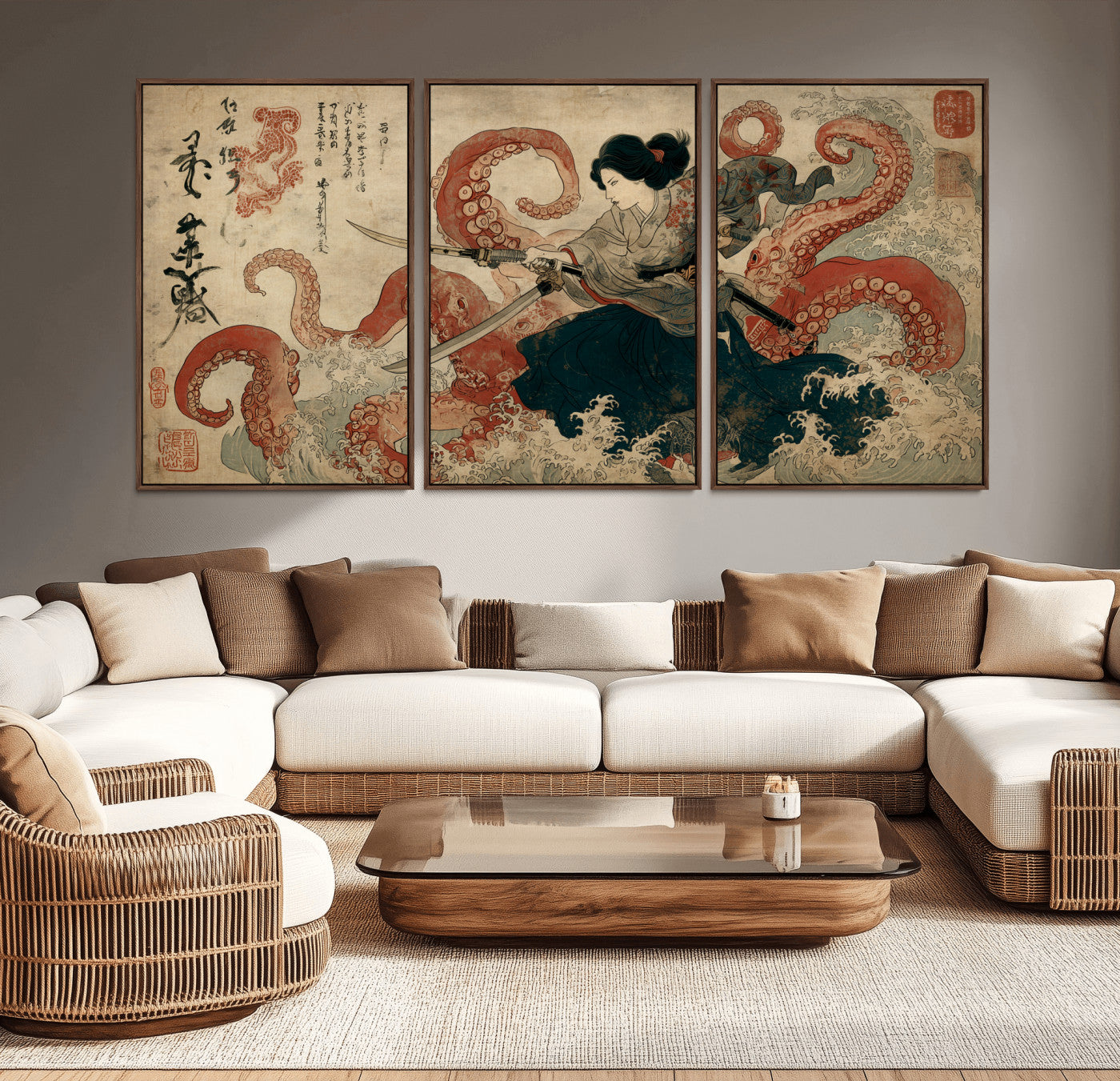Tsukioka Yoshitoshi Samurai Wall Art Print, Japanese Katana Warrior Canvas Wall Art, Octopus Sea Monster Canvas Print,