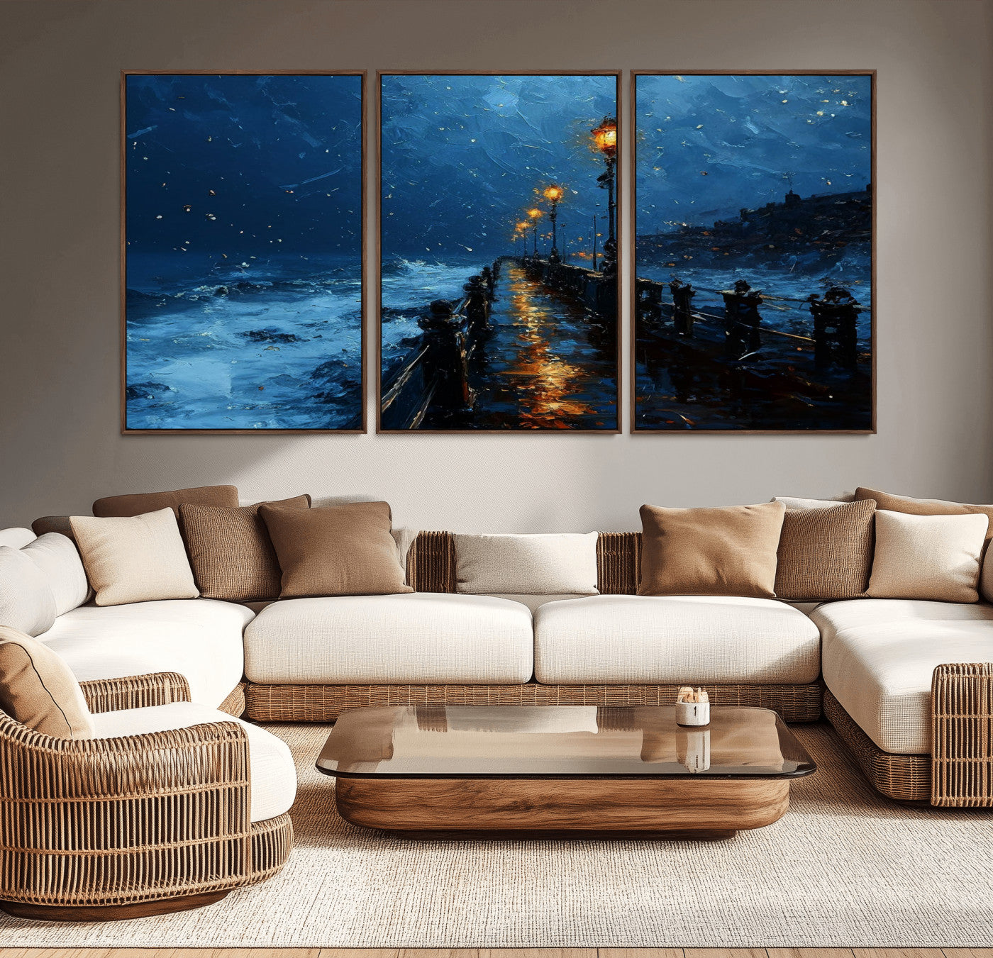 "Impressionistic painting of a rainy pier at night with glowing street lamps reflecting on the wet surface, ocean waves crashing under a dark blue sky."