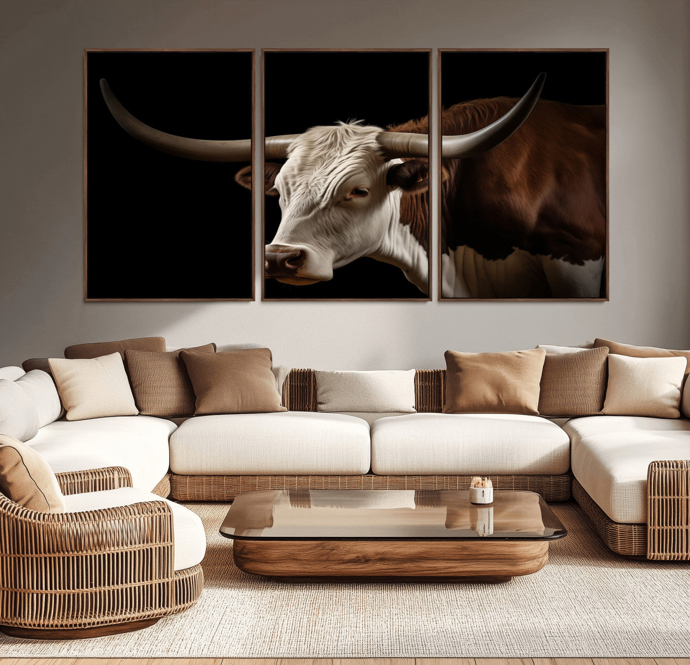 "Close-up of a brown and white longhorn cow with prominent curved horns against a black background."