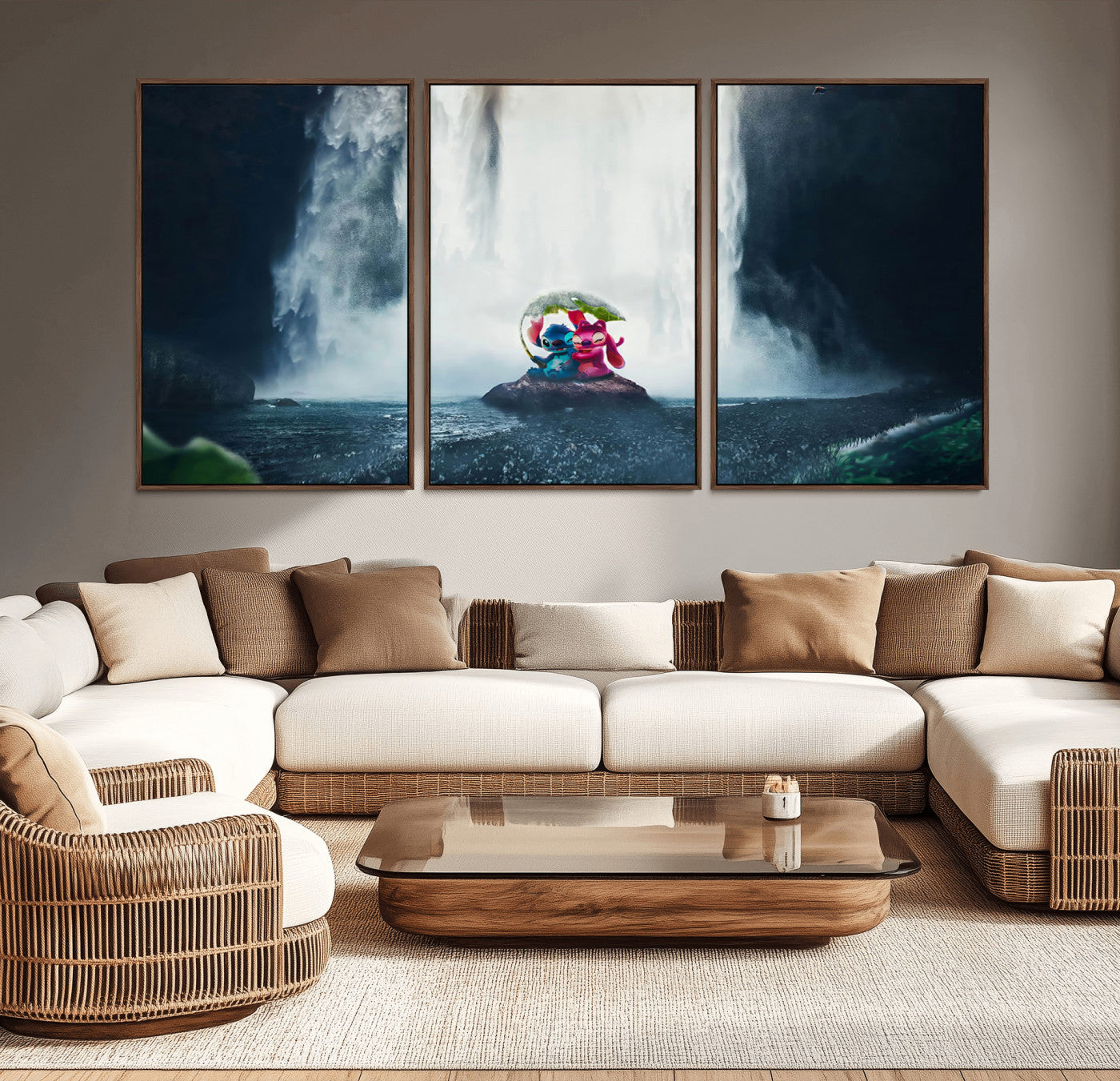 Fantasy canvas of Stitch and Angel under a leaf umbrella in front of a dramatic waterfall, perfect for moody jungle-themed or animated decor.