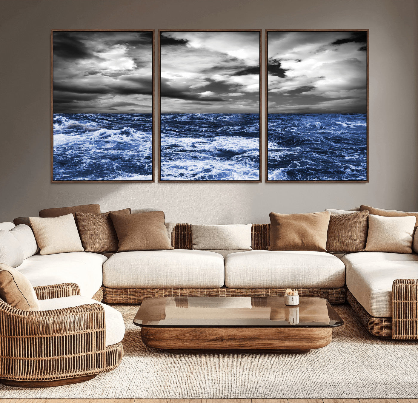 Moody canvas wall art of a stormy ocean under a dramatic black-and-white sky, perfect for bold or coastal-style interiors.